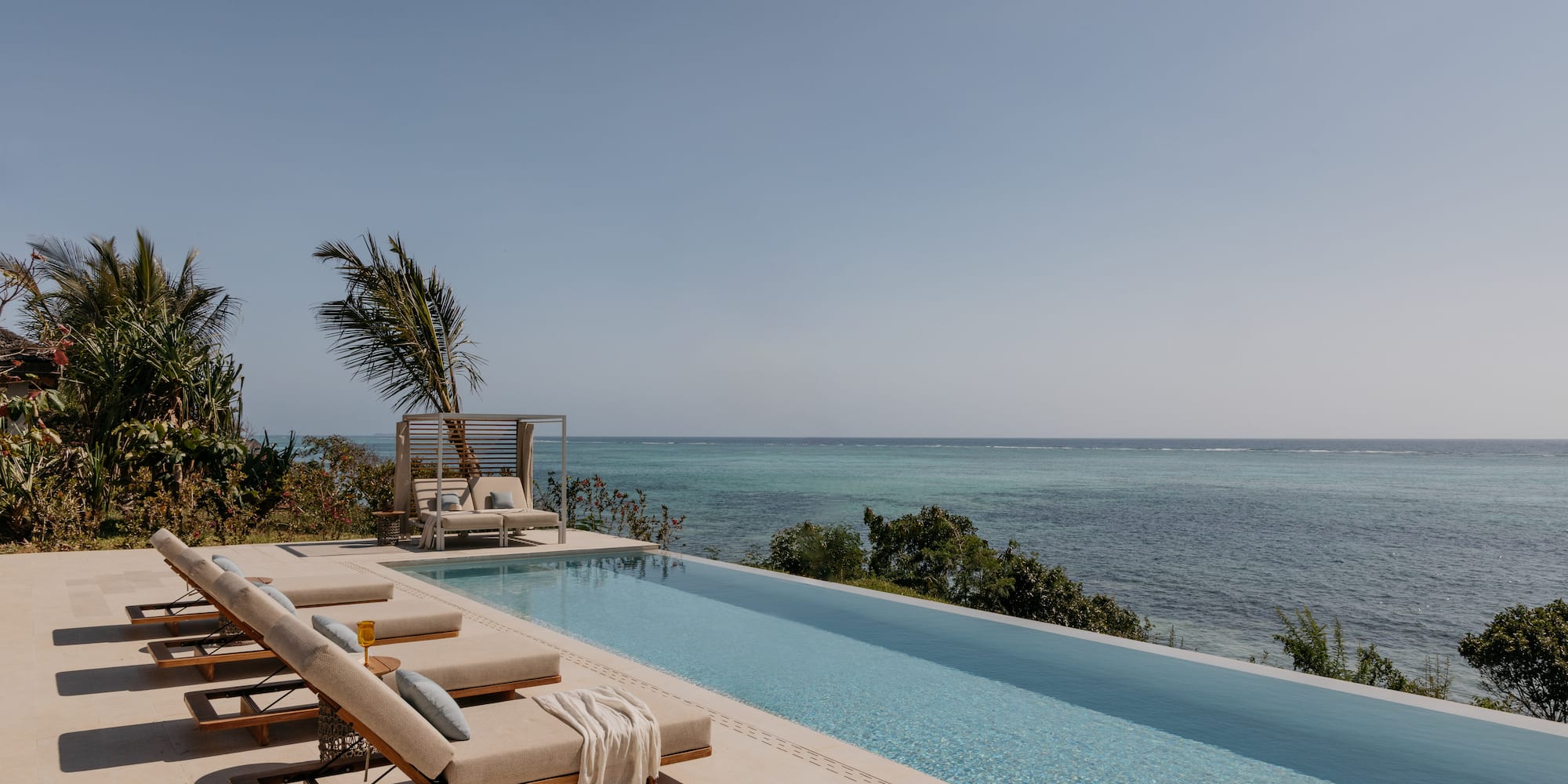 a pool with lounge chairs and a palm tree overlooking the ocean