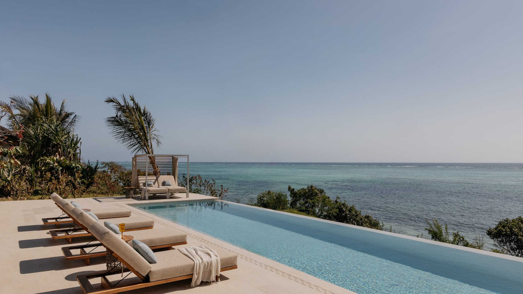 a pool with lounge chairs and a palm tree overlooking the ocean