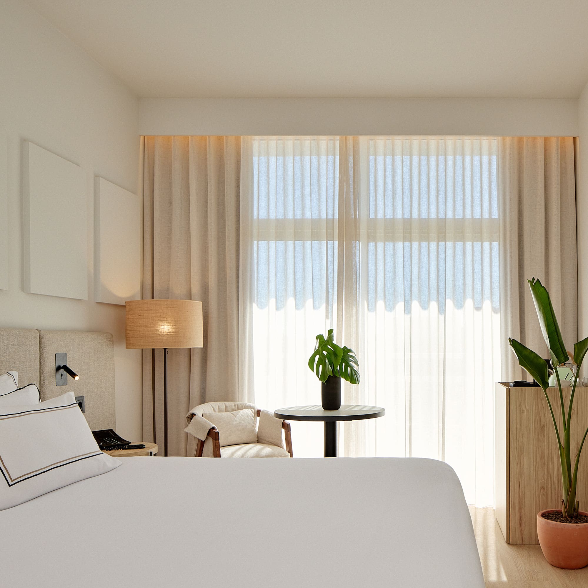 a room with a bed and a plant