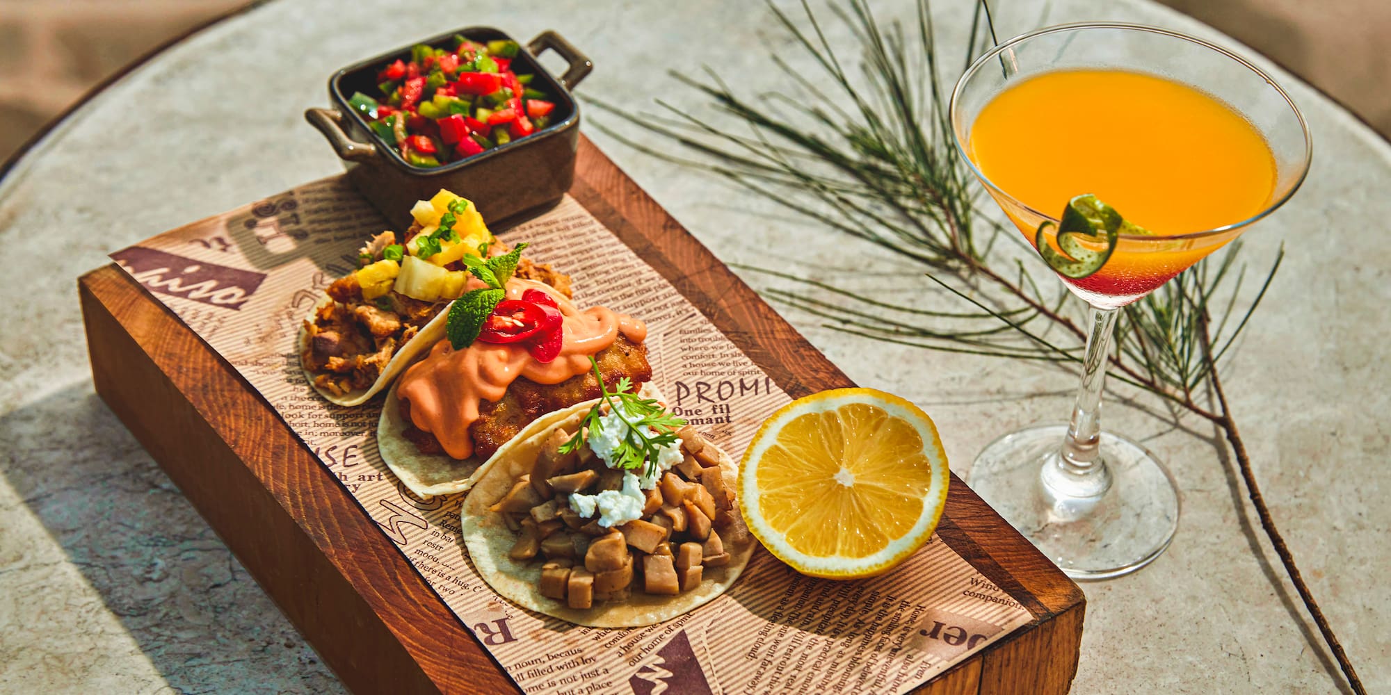 a plate of food and a drink