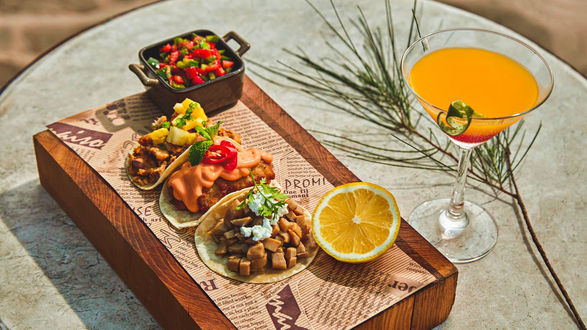 a plate of food and a drink