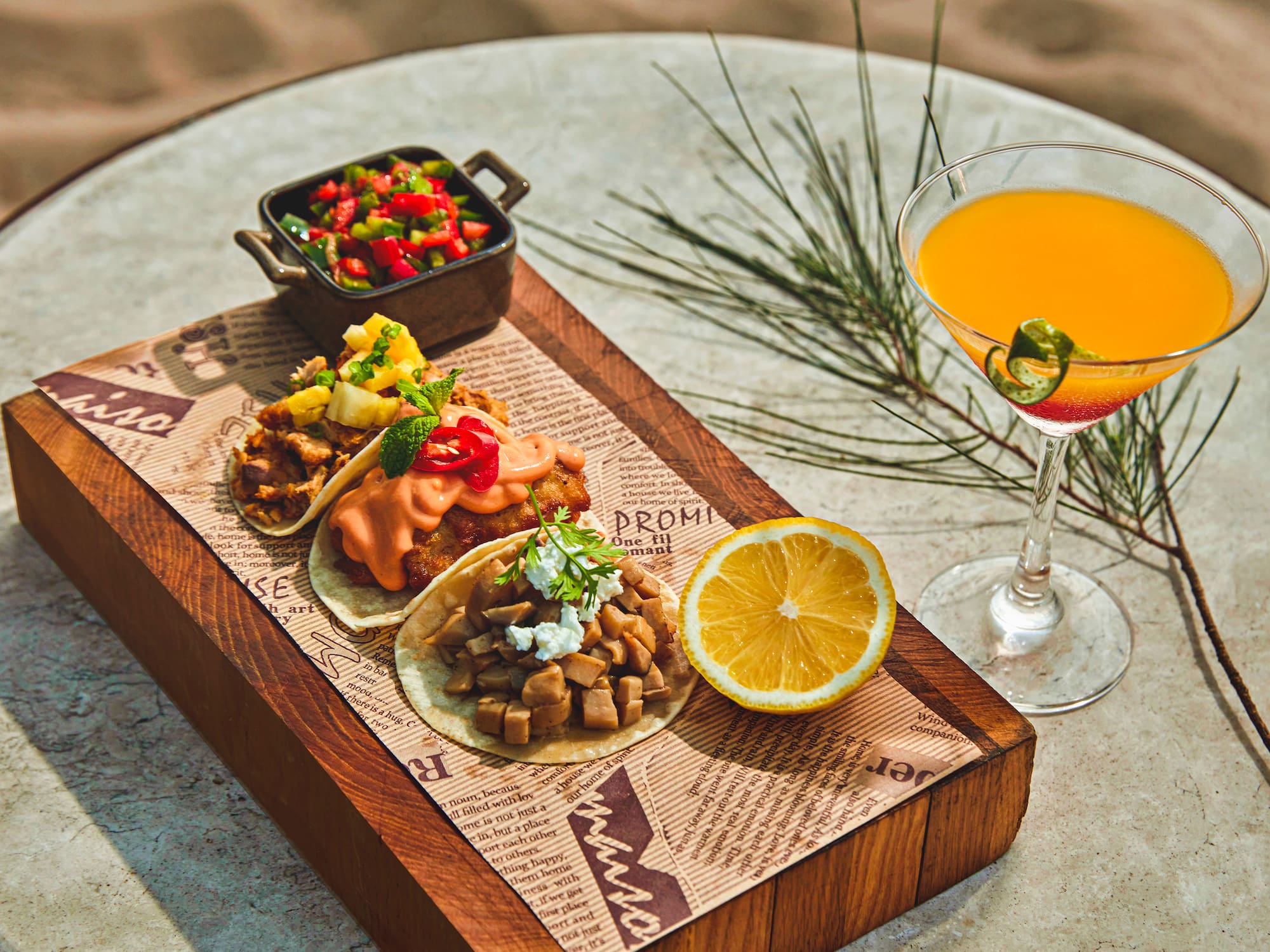 a plate of food and a drink