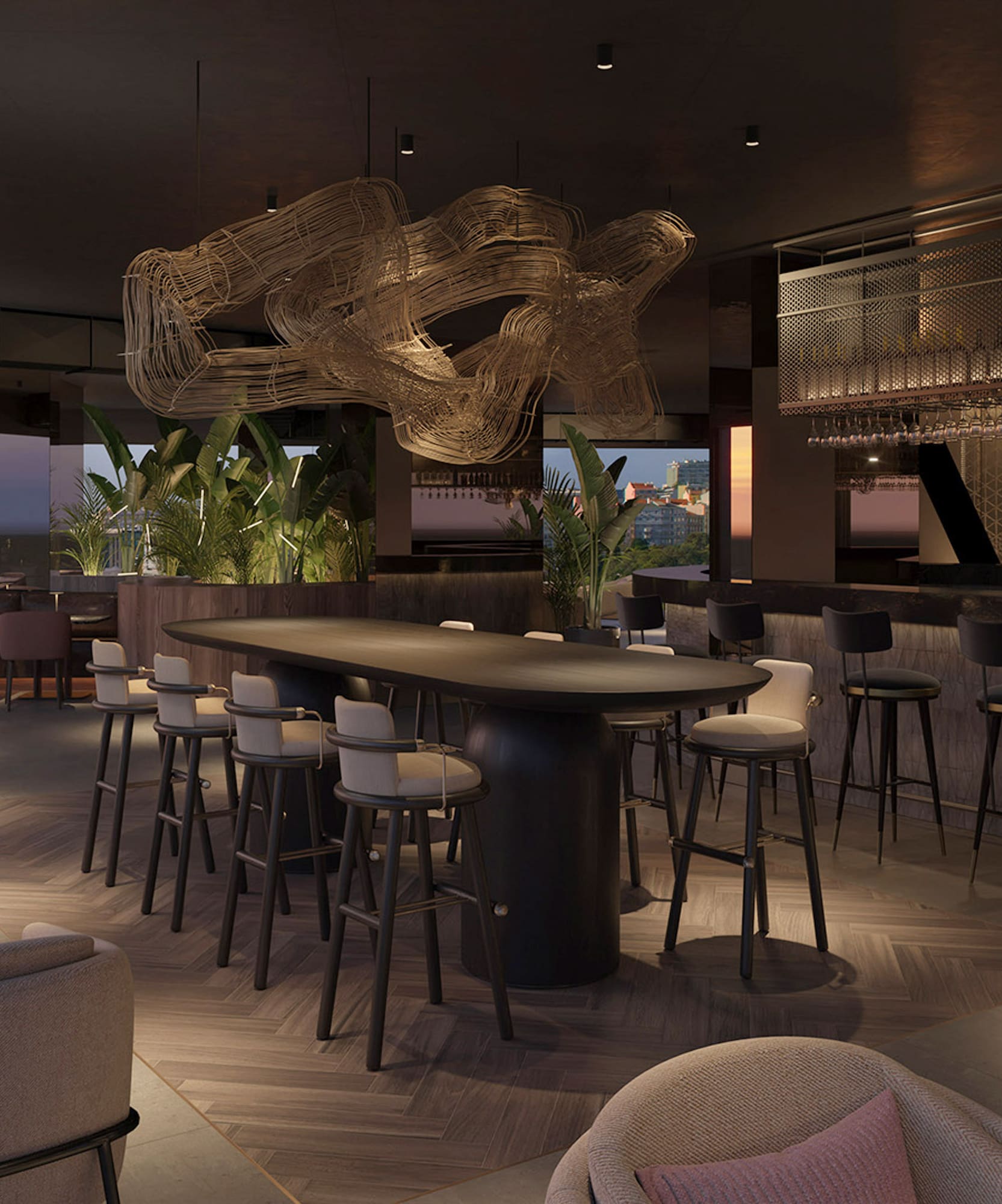 a room with a long table and chairs