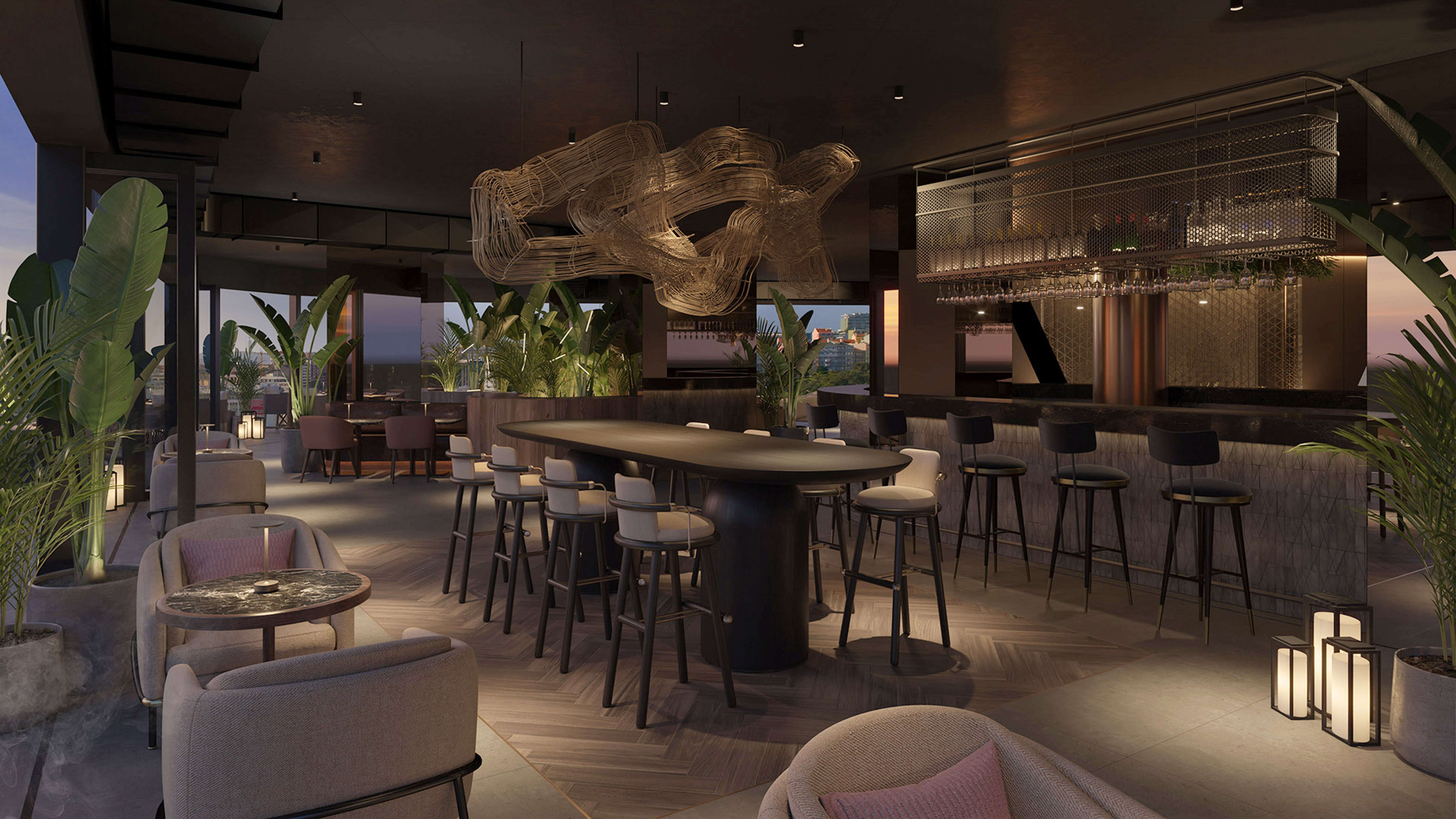 a room with a long table and chairs