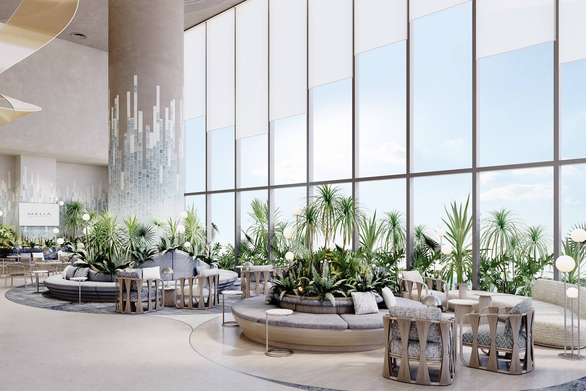 Meliã hotel lobby lounge: modern design, lush plants, expansive windows.