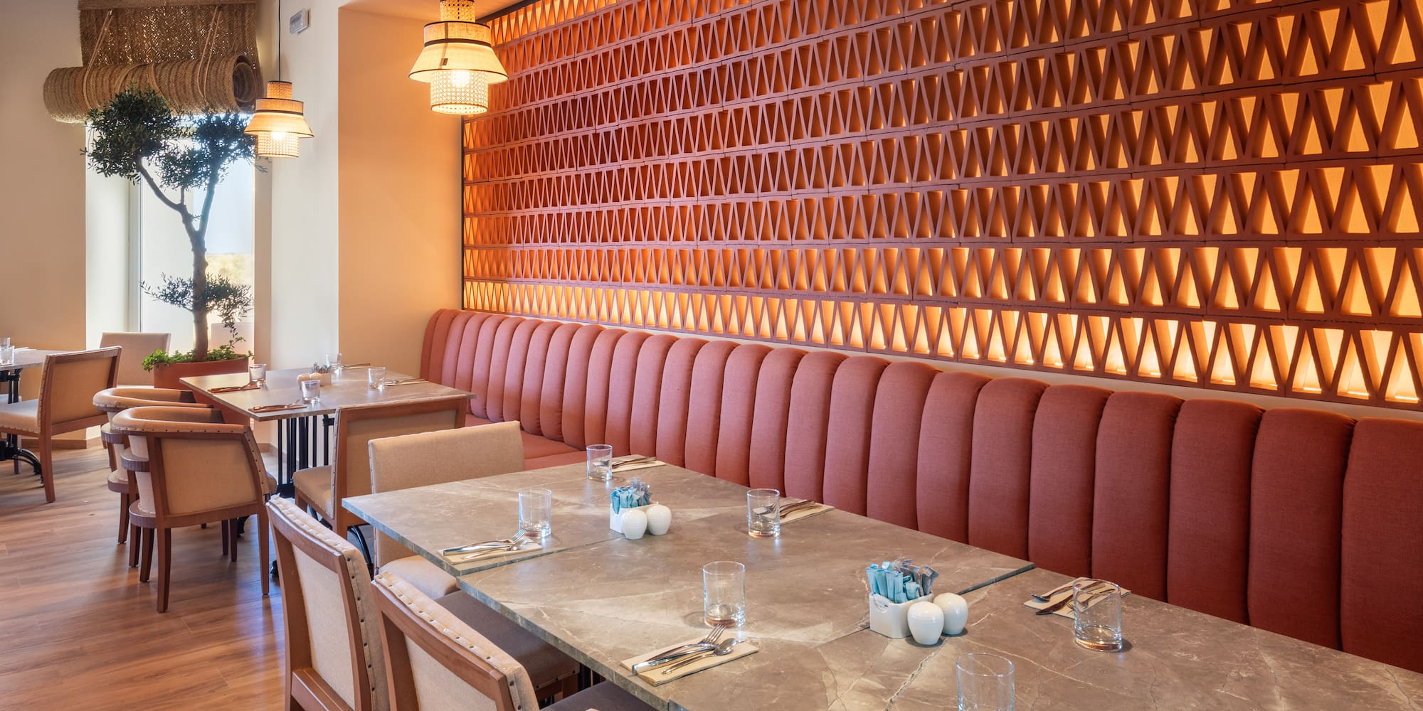 a room with tables and chairs