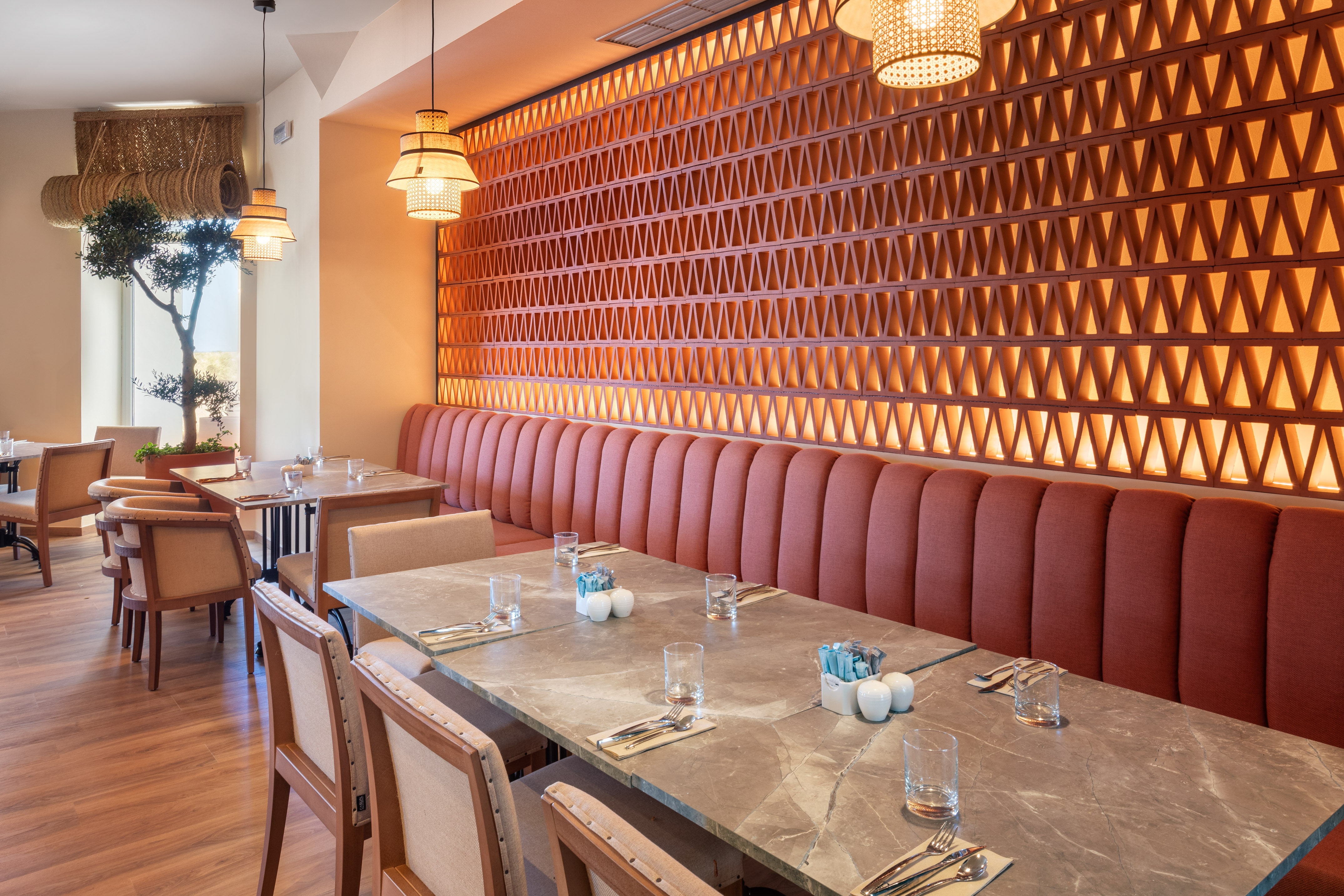 a room with tables and chairs