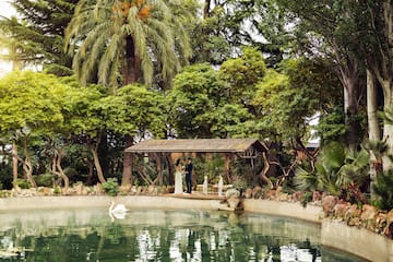 a couple standing under a canopy next to a pond with trees and a swan