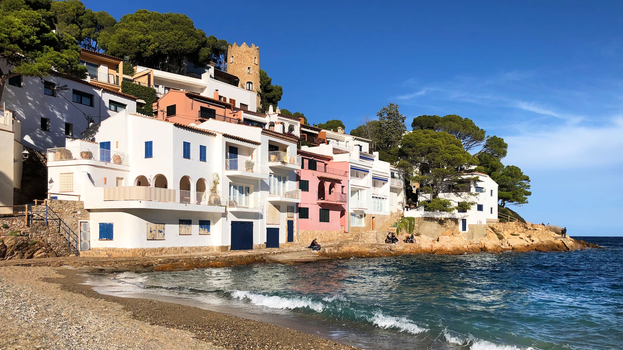 a beach with buildings and trees