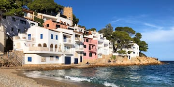 a beach with buildings and trees