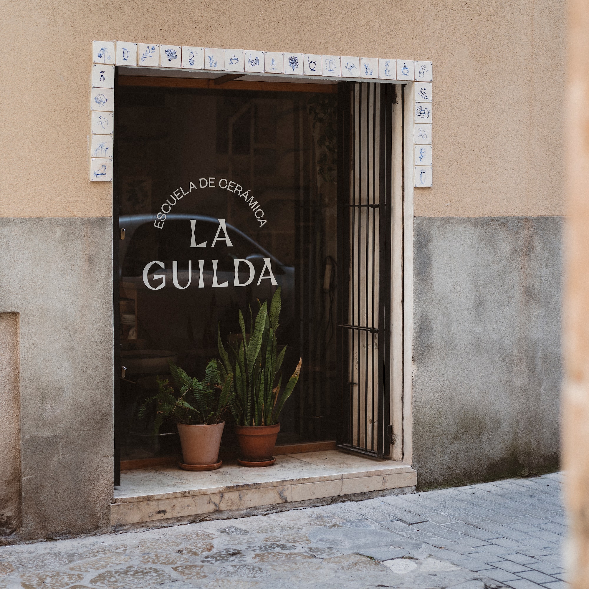 a window with a sign on the side of a building