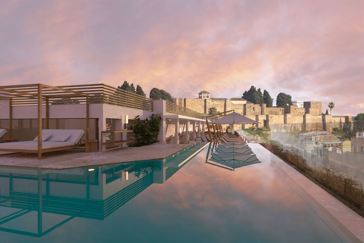 a pool with a building and a stone wall