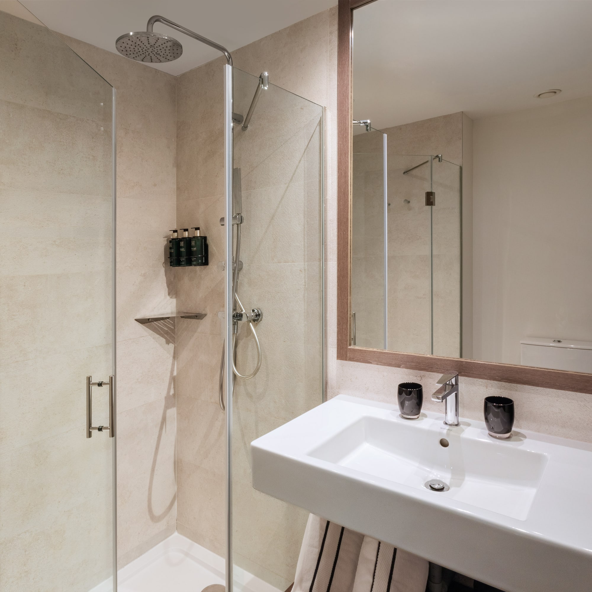 Modern bathroom with glass shower enclosure, white sink, and large framed mirror.