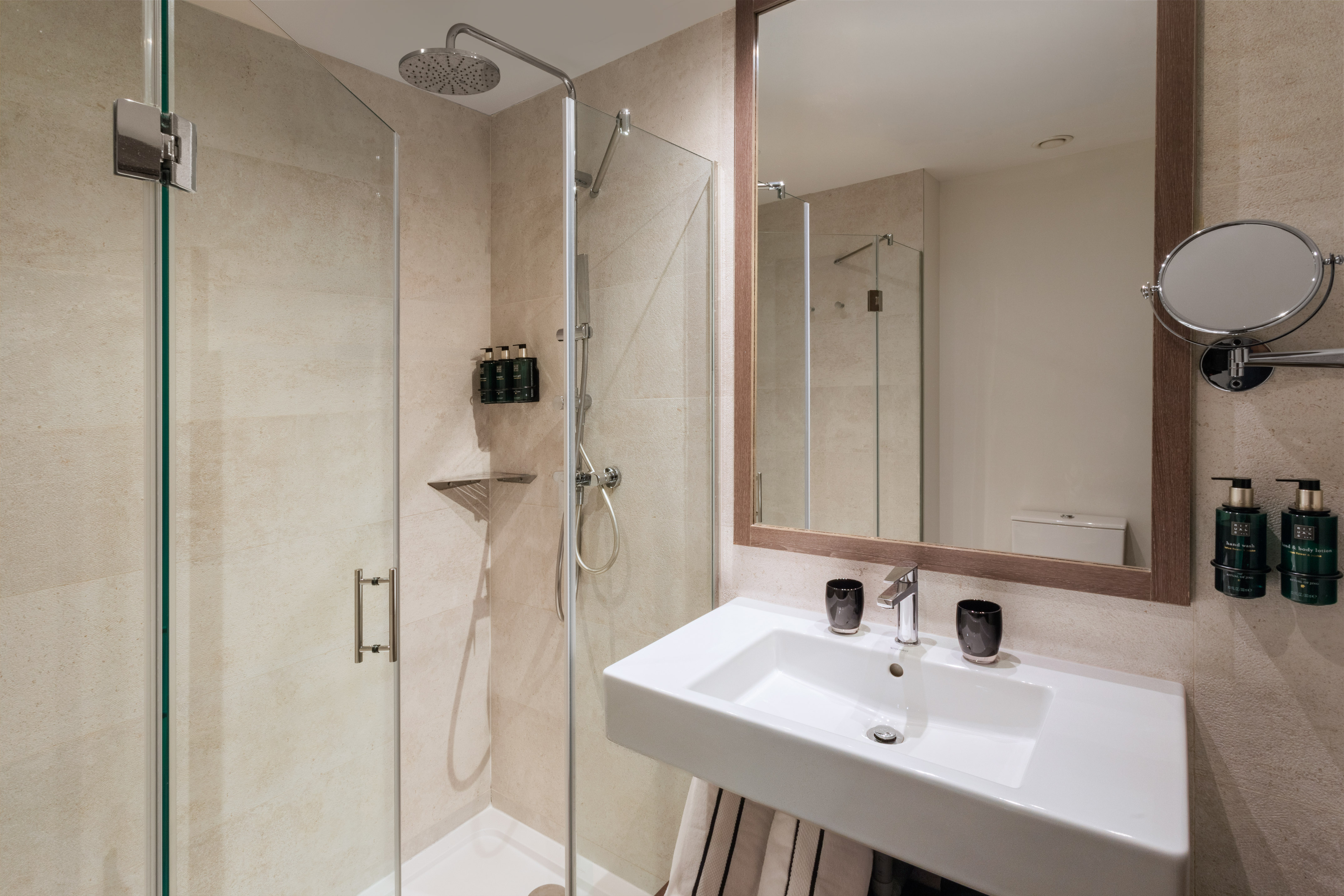 Modern bathroom with glass shower enclosure, white sink, and large framed mirror.