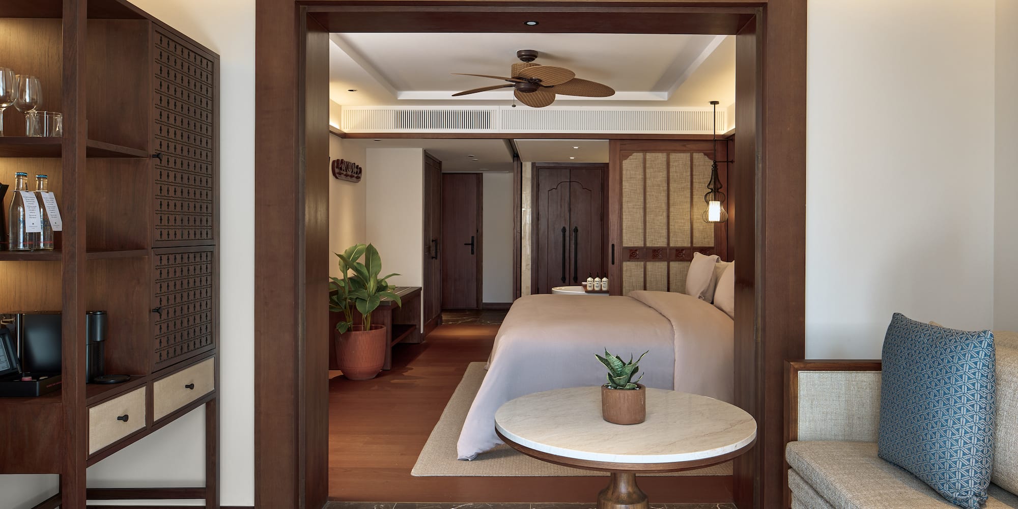 a room with a bed and a table