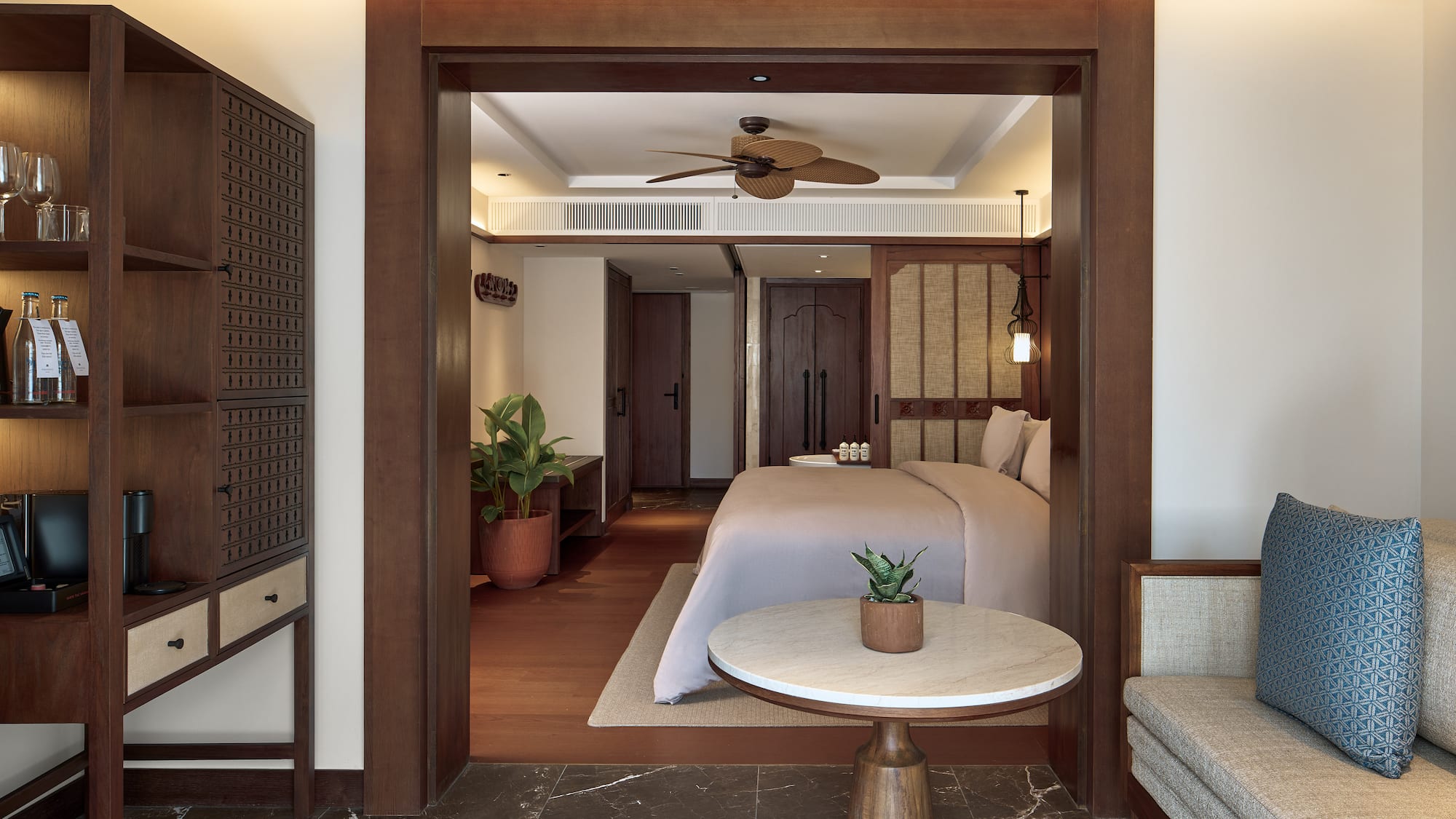 a room with a bed and a table