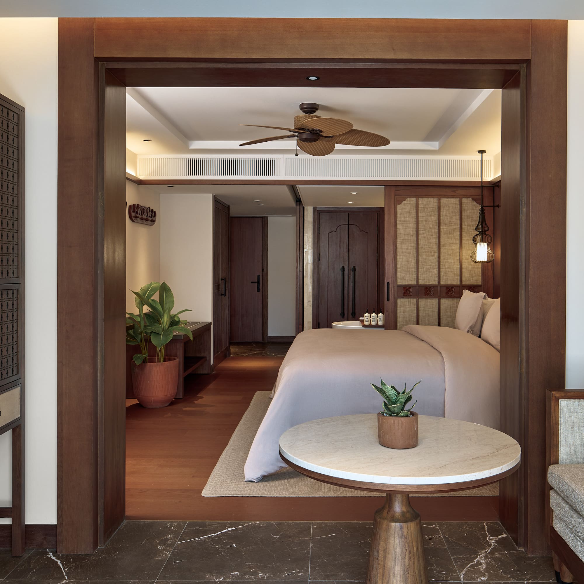 a room with a bed and a table