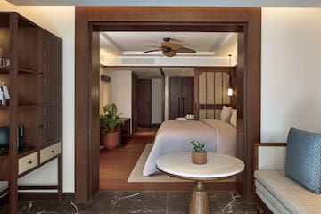 a room with a bed and a table