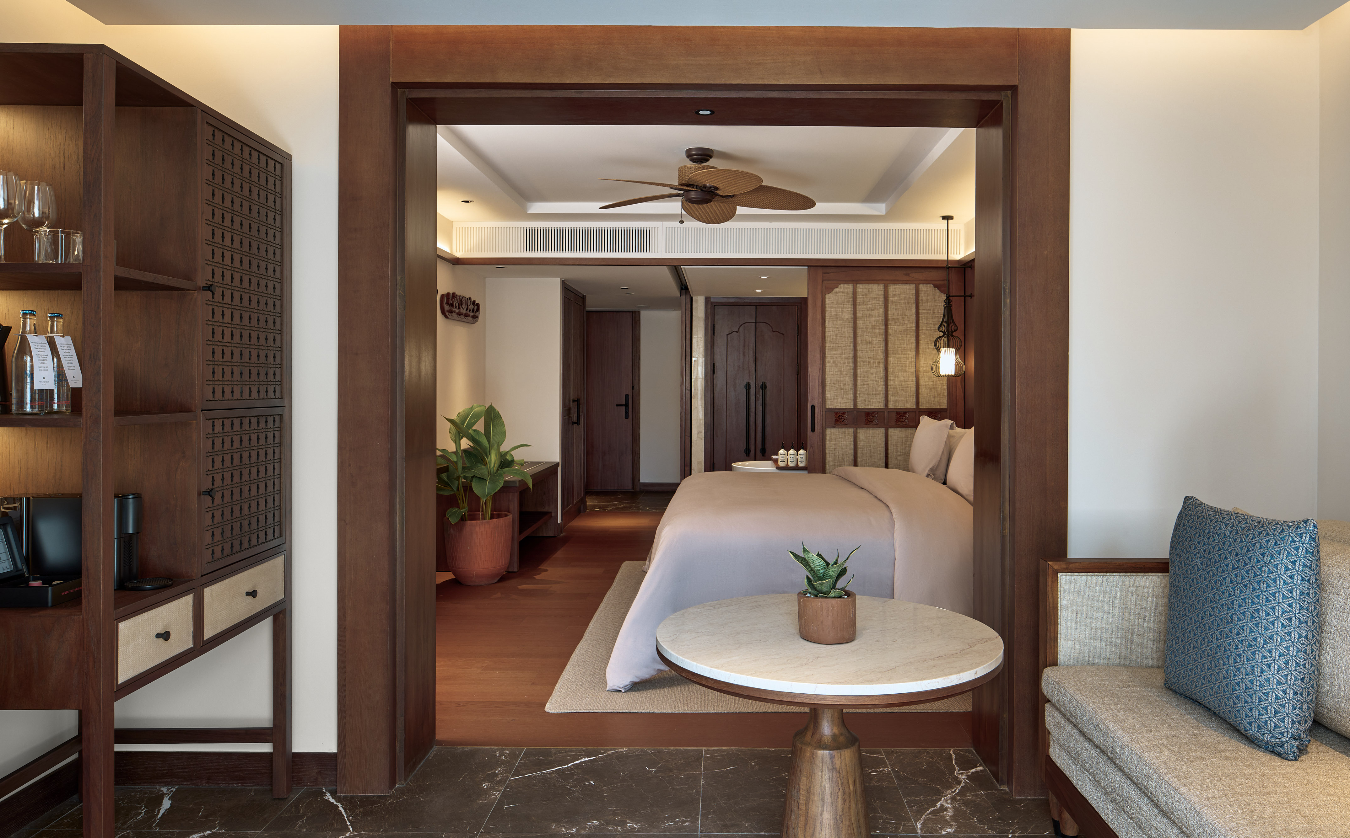 a room with a bed and a table