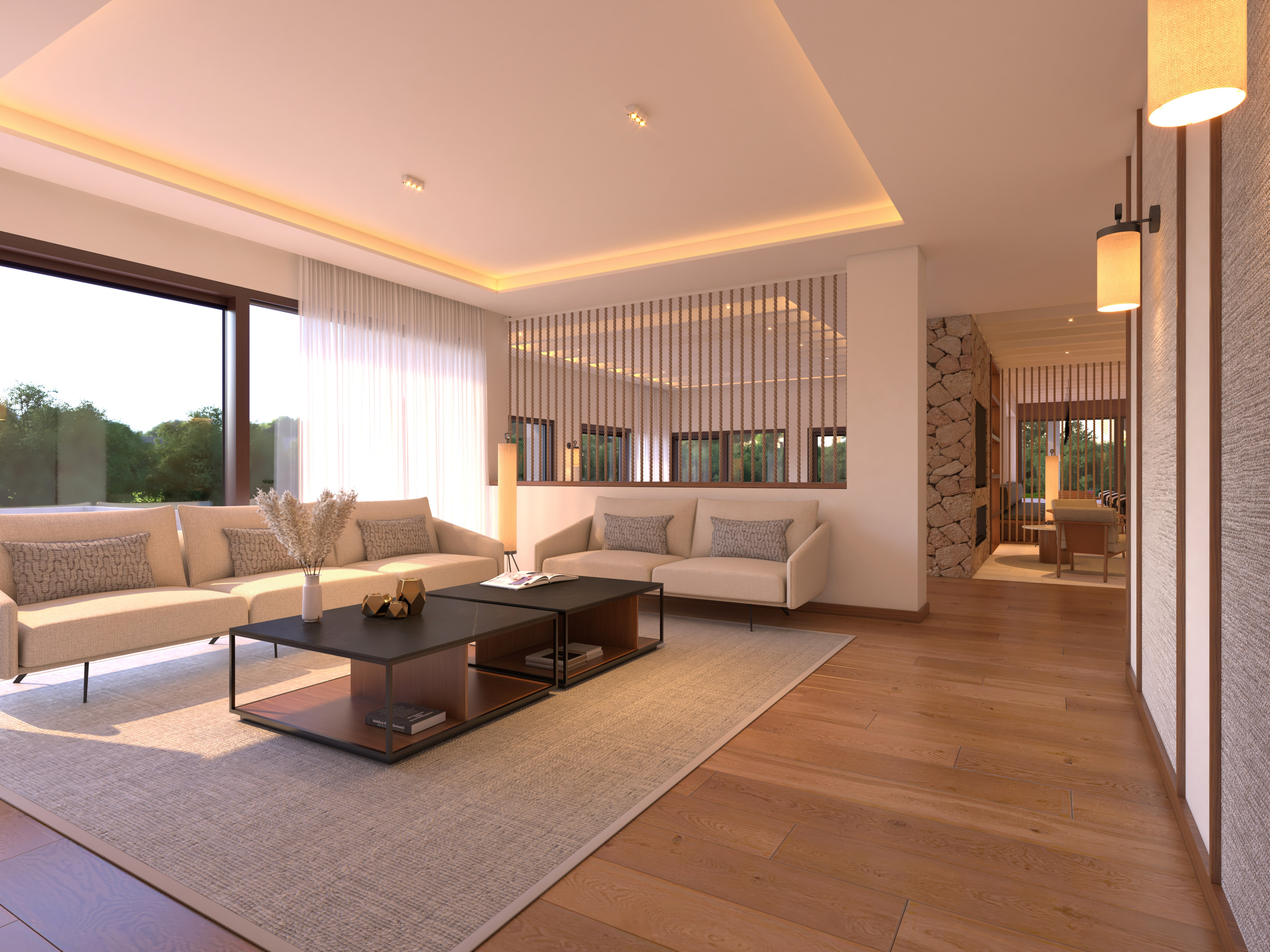 غرفة معيشة حديثة بكنب بيج وطاولات قهوة خشبية وإضاءة دافئة - Hotel Golf Santa Ponsa Meliá Collection, مايوركا