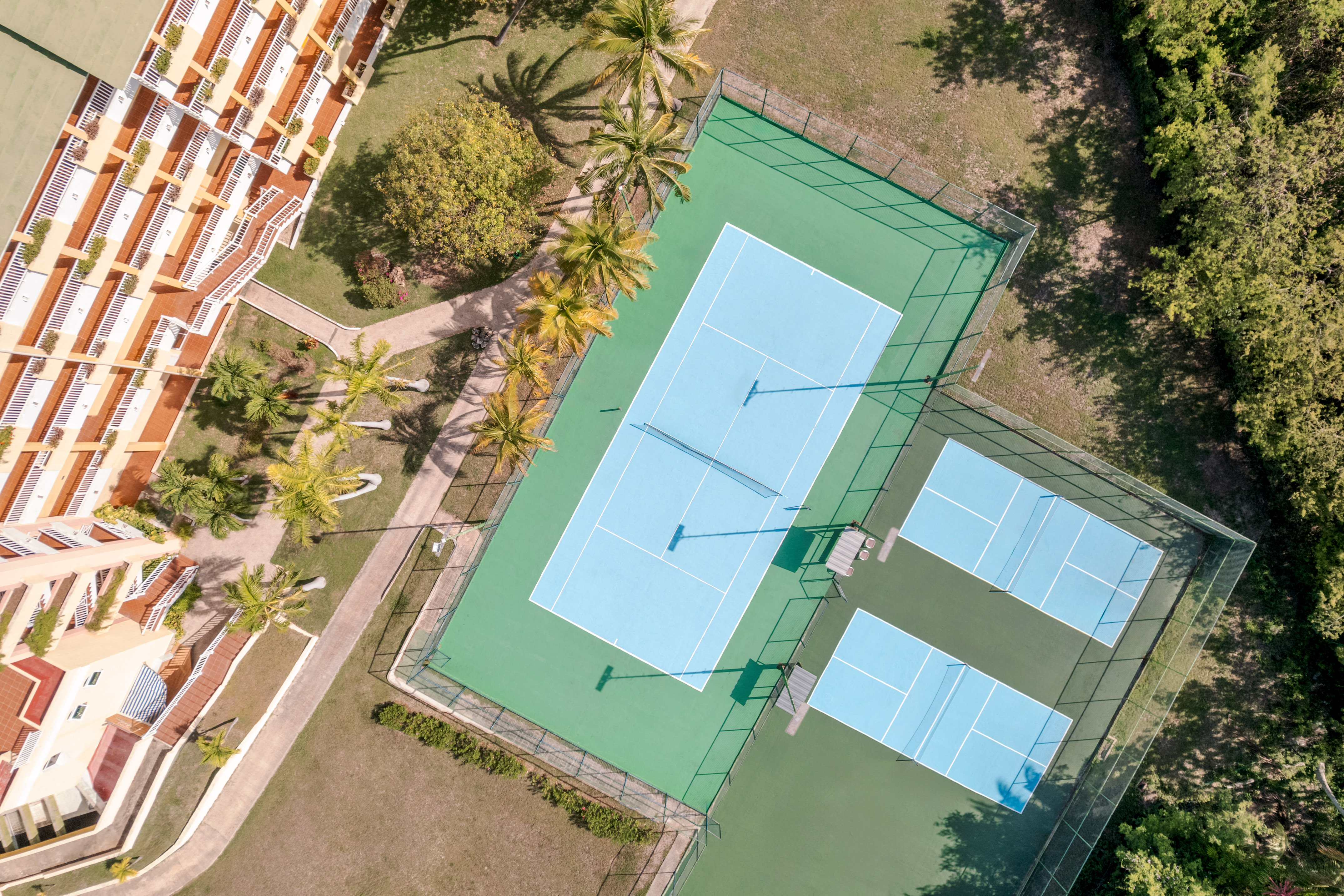 a tennis court with trees and grass