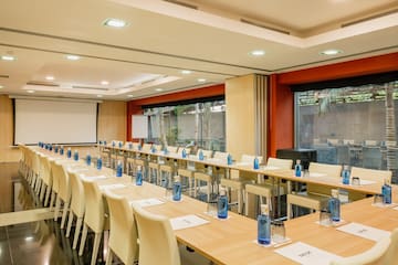 a room with tables and chairs