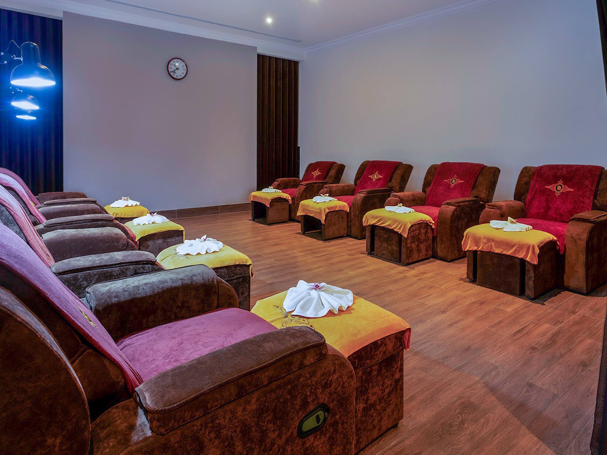 a room with chairs and tables