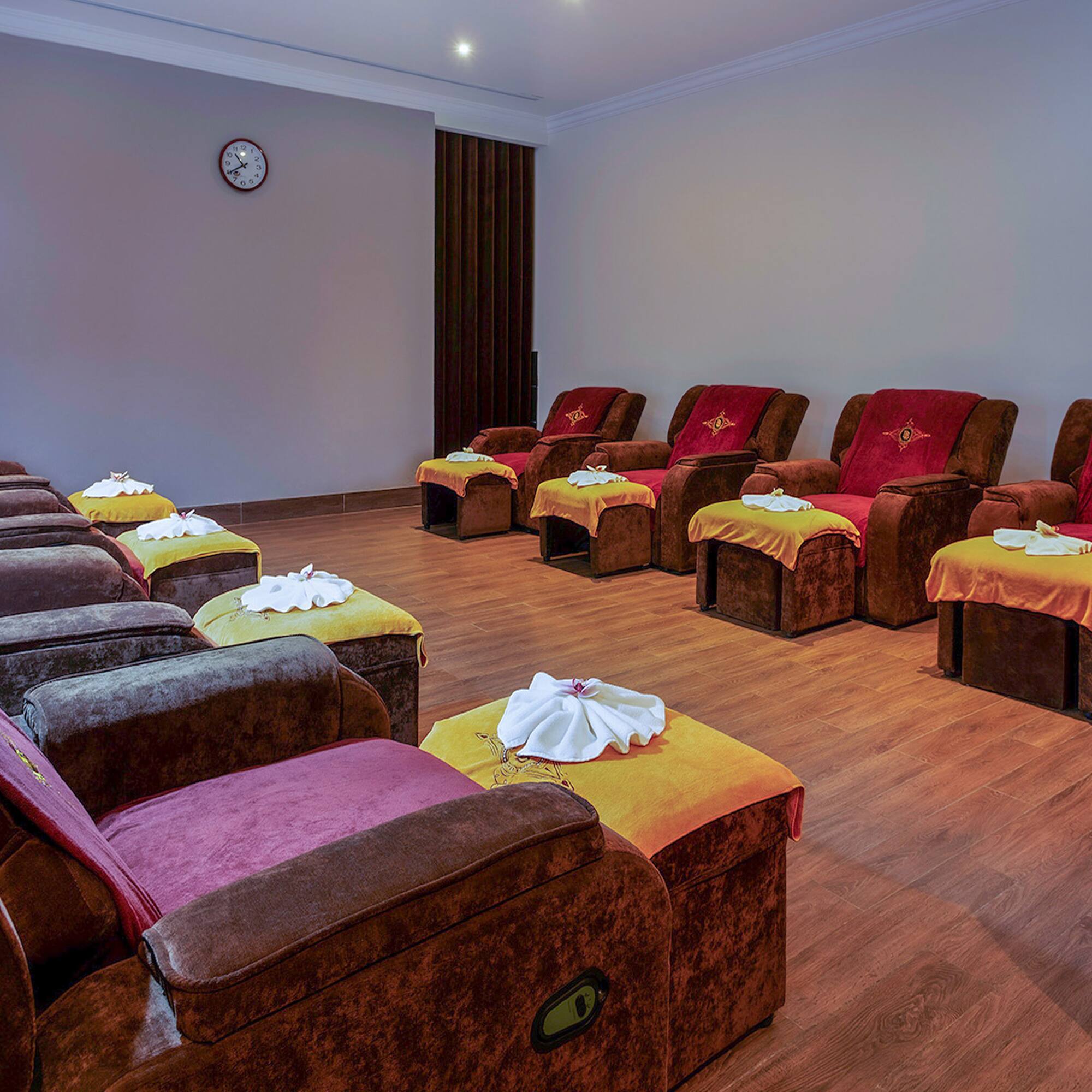 a room with chairs and tables