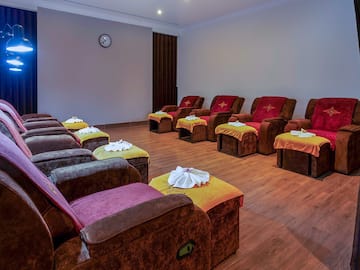 a room with chairs and tables