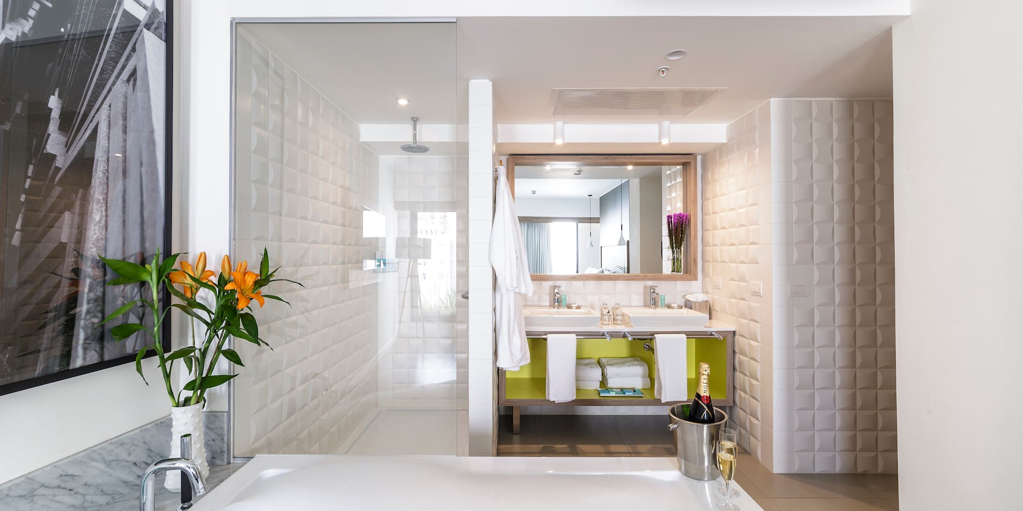 a bathroom with a glass door