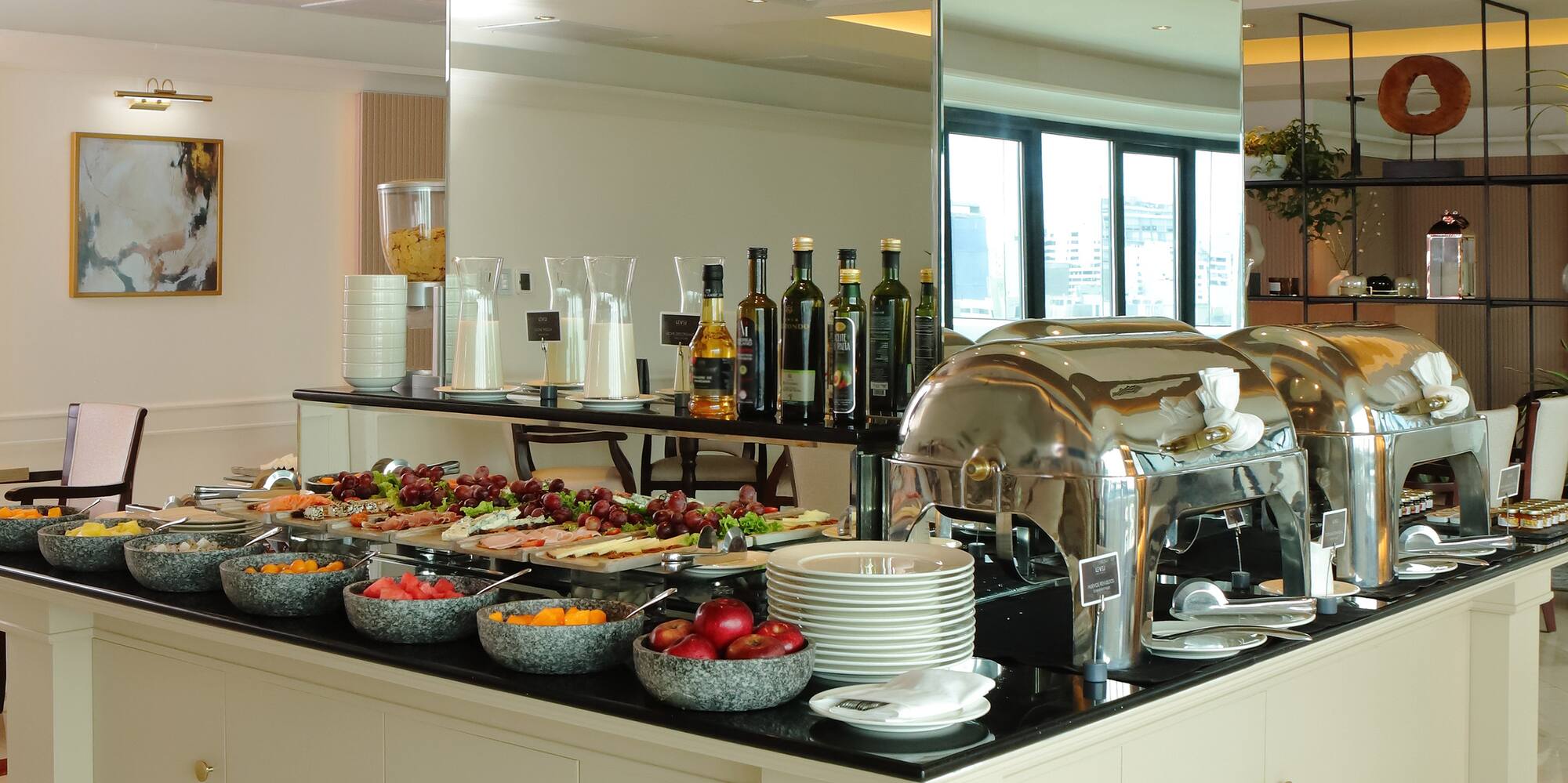 a buffet with food on the counter