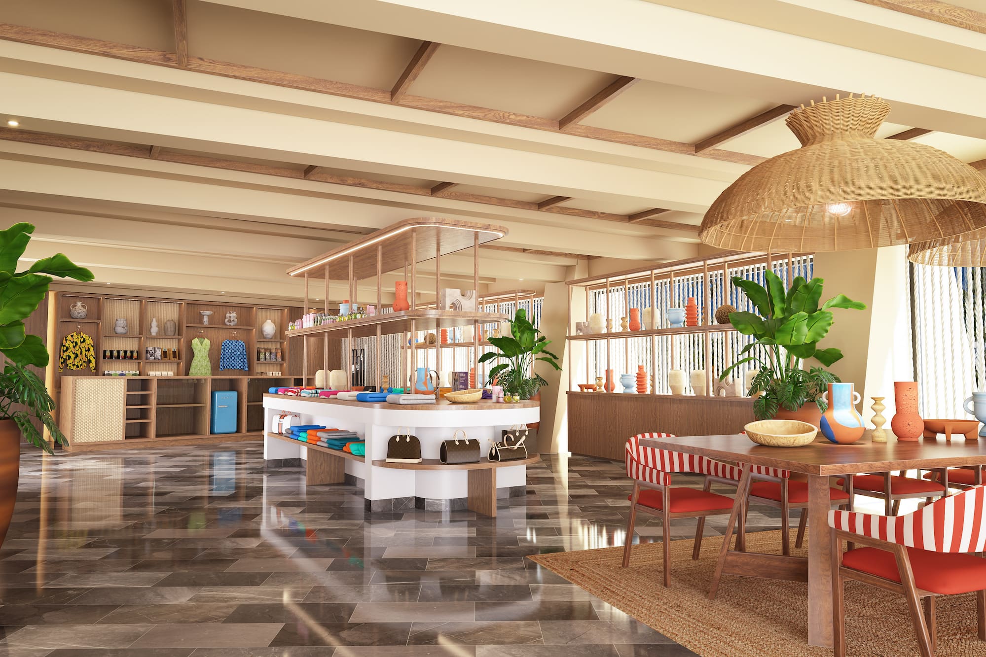 Tienda de moda y decoración tropical en hotel.