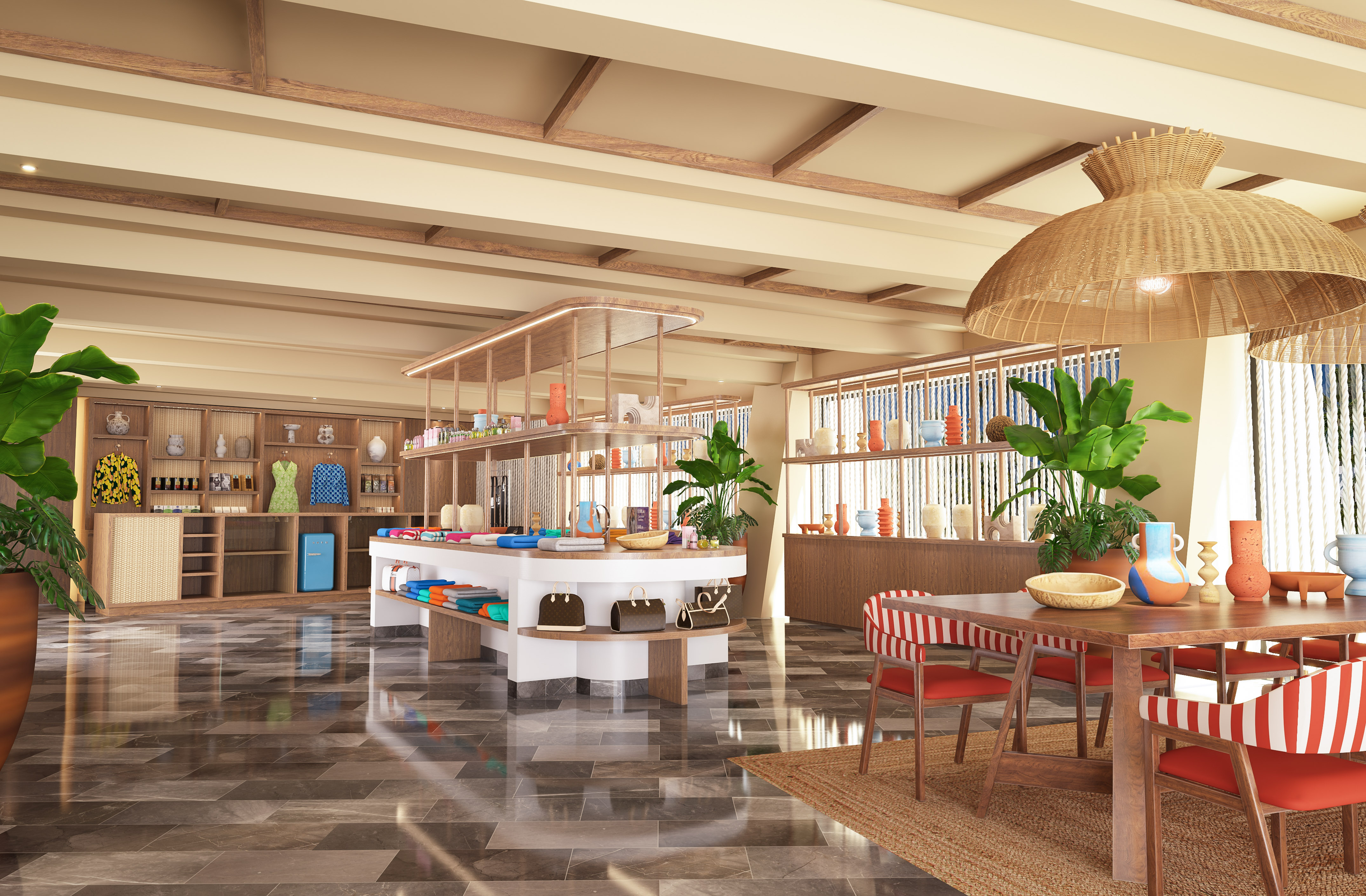 Tienda de moda y decoración tropical en hotel.
