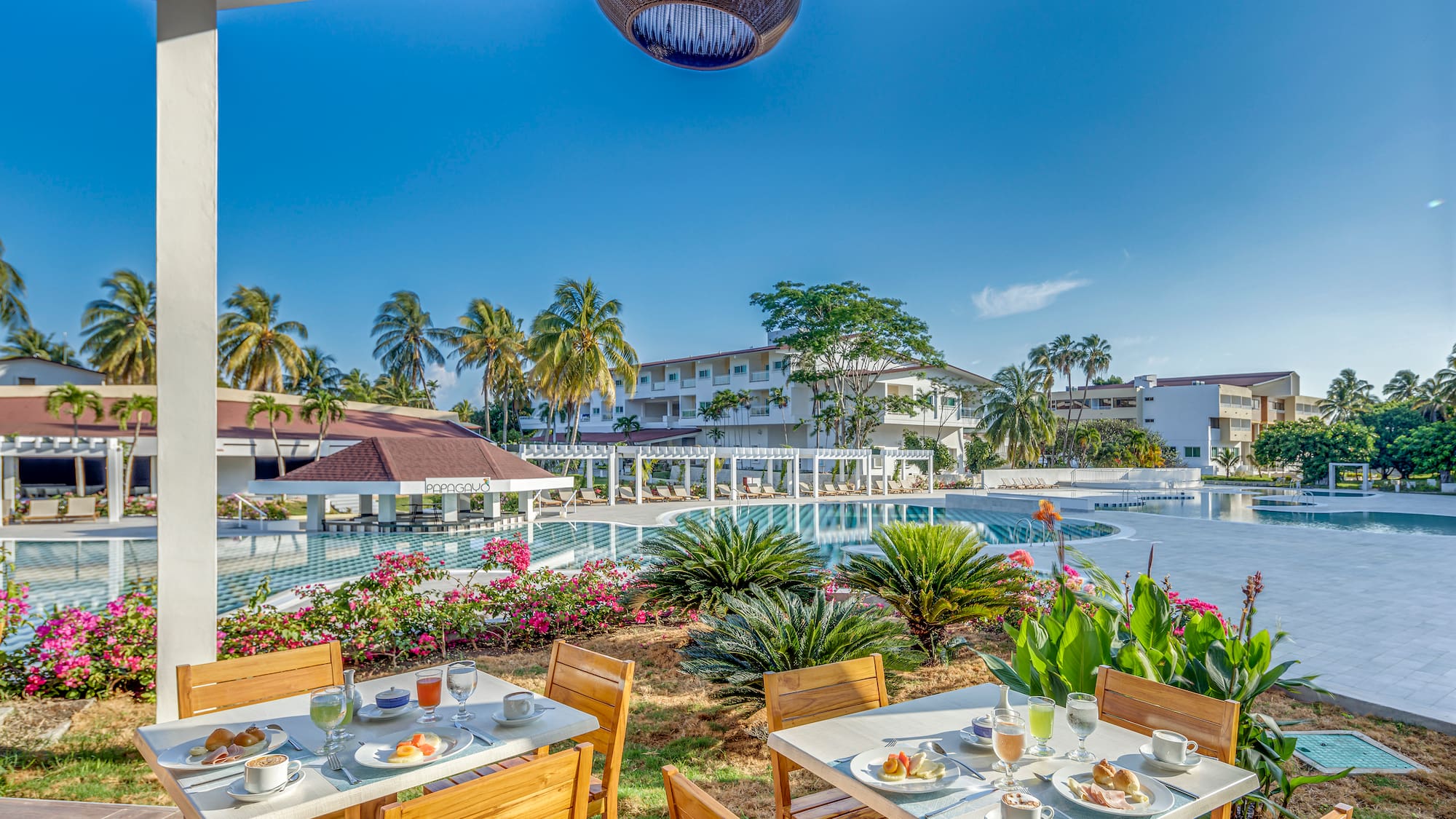 a table and chairs with food on it by a pool