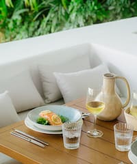 a table with food and glasses on it