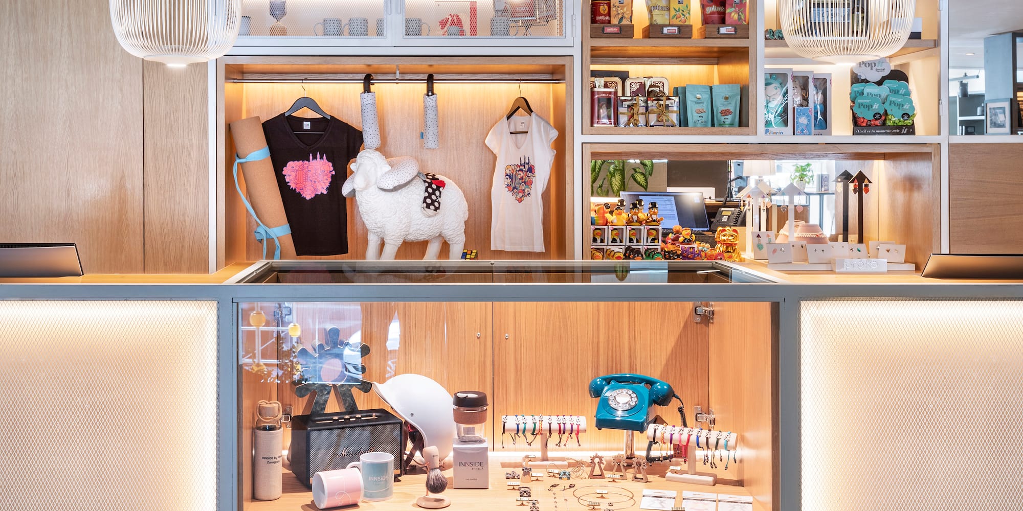 a display case with a sheep on it