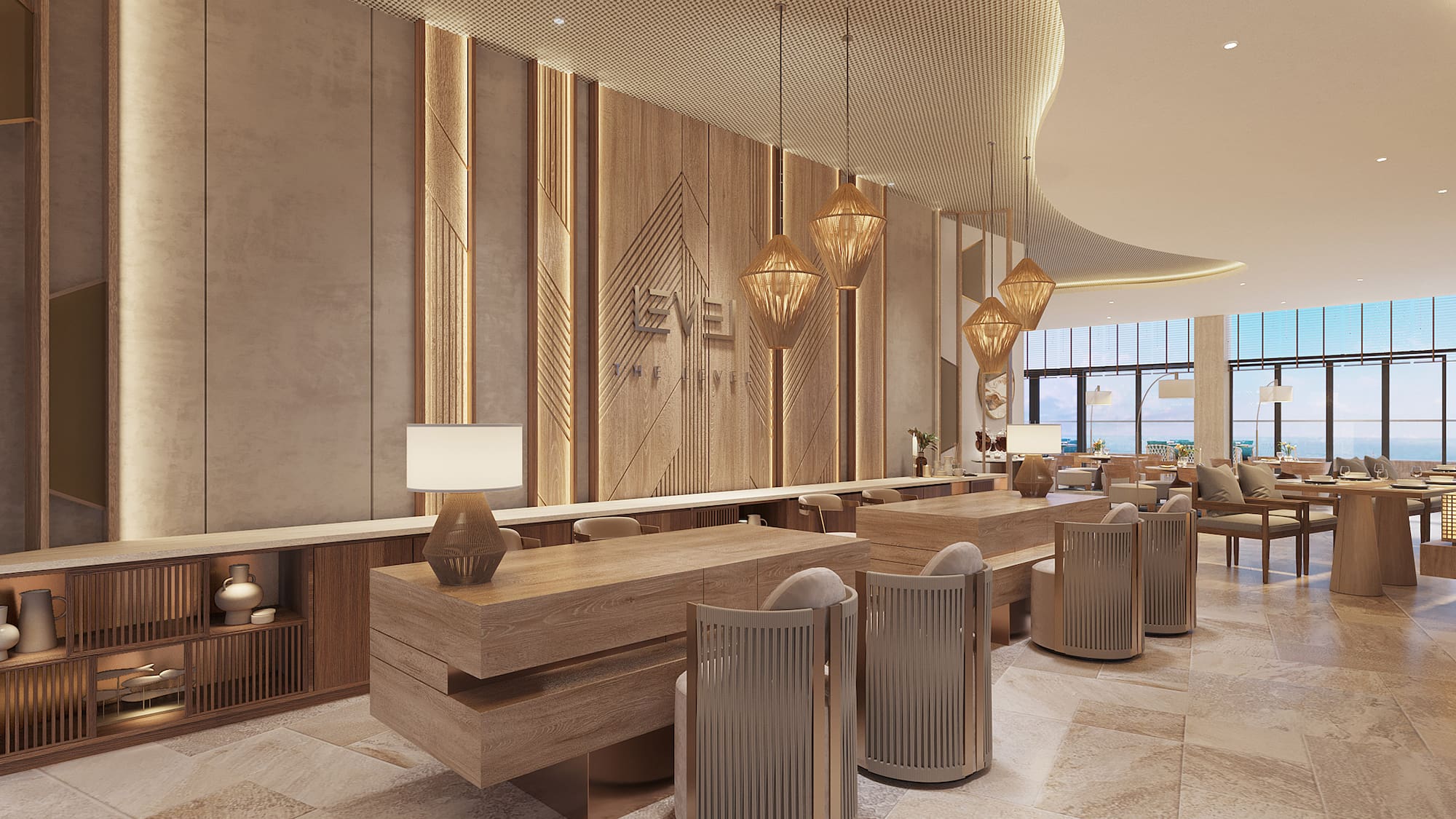 Modern hotel reception with wood desks, rattan lights, and LEVEL branding.