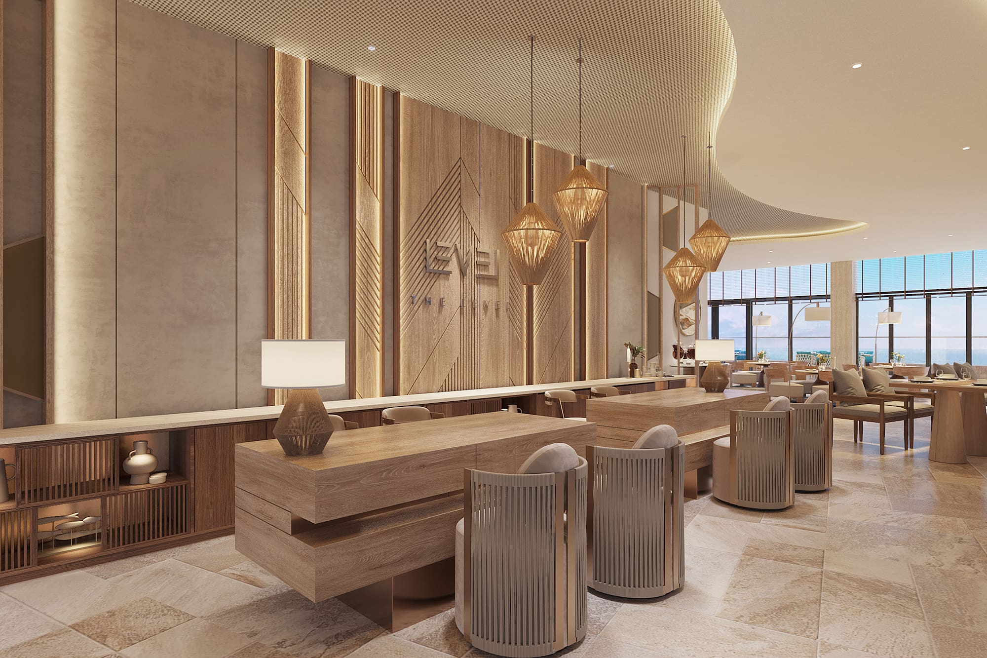 Modern hotel reception with wood desks, rattan lights, and LEVEL branding.
