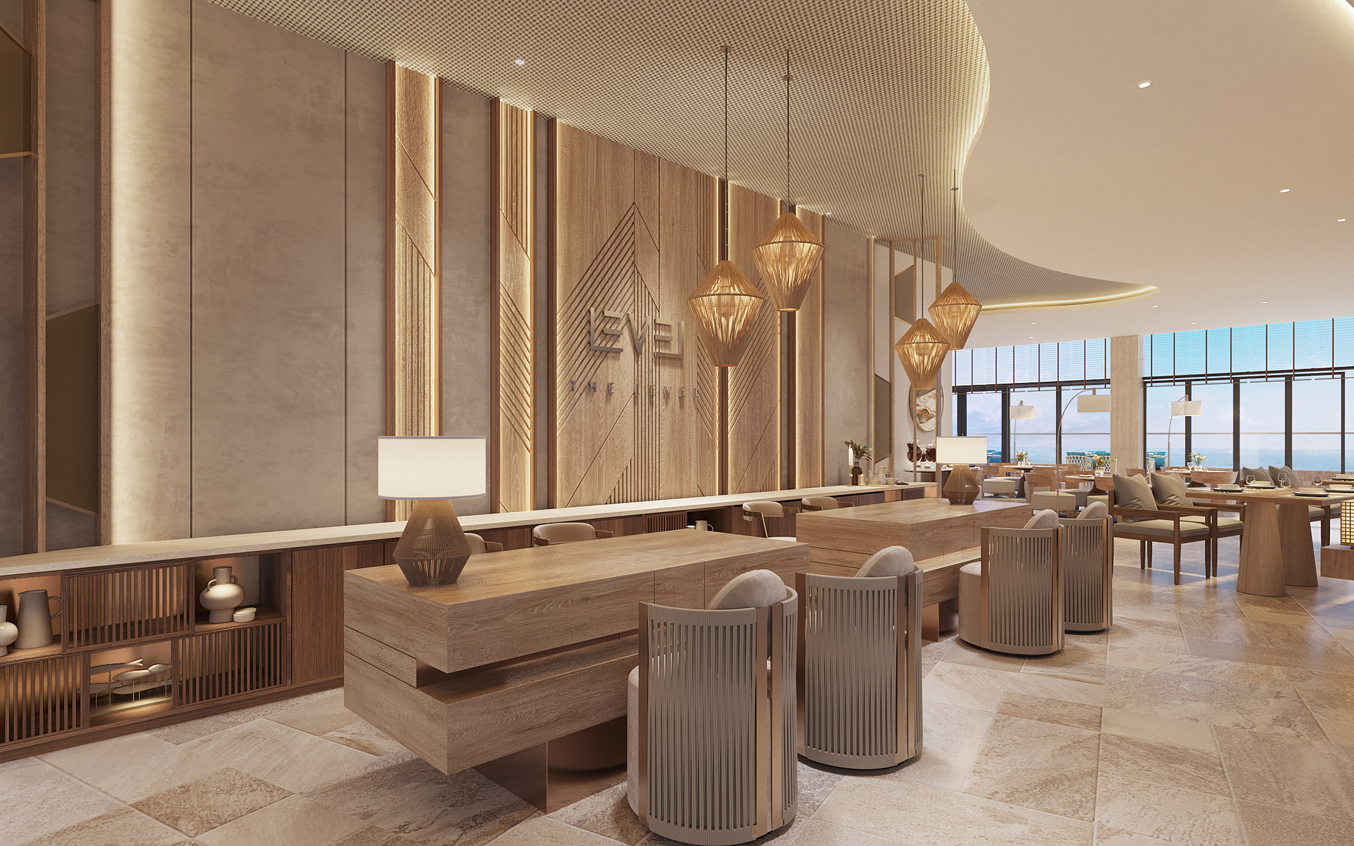 Modern hotel reception with wood desks, rattan lights, and LEVEL branding.