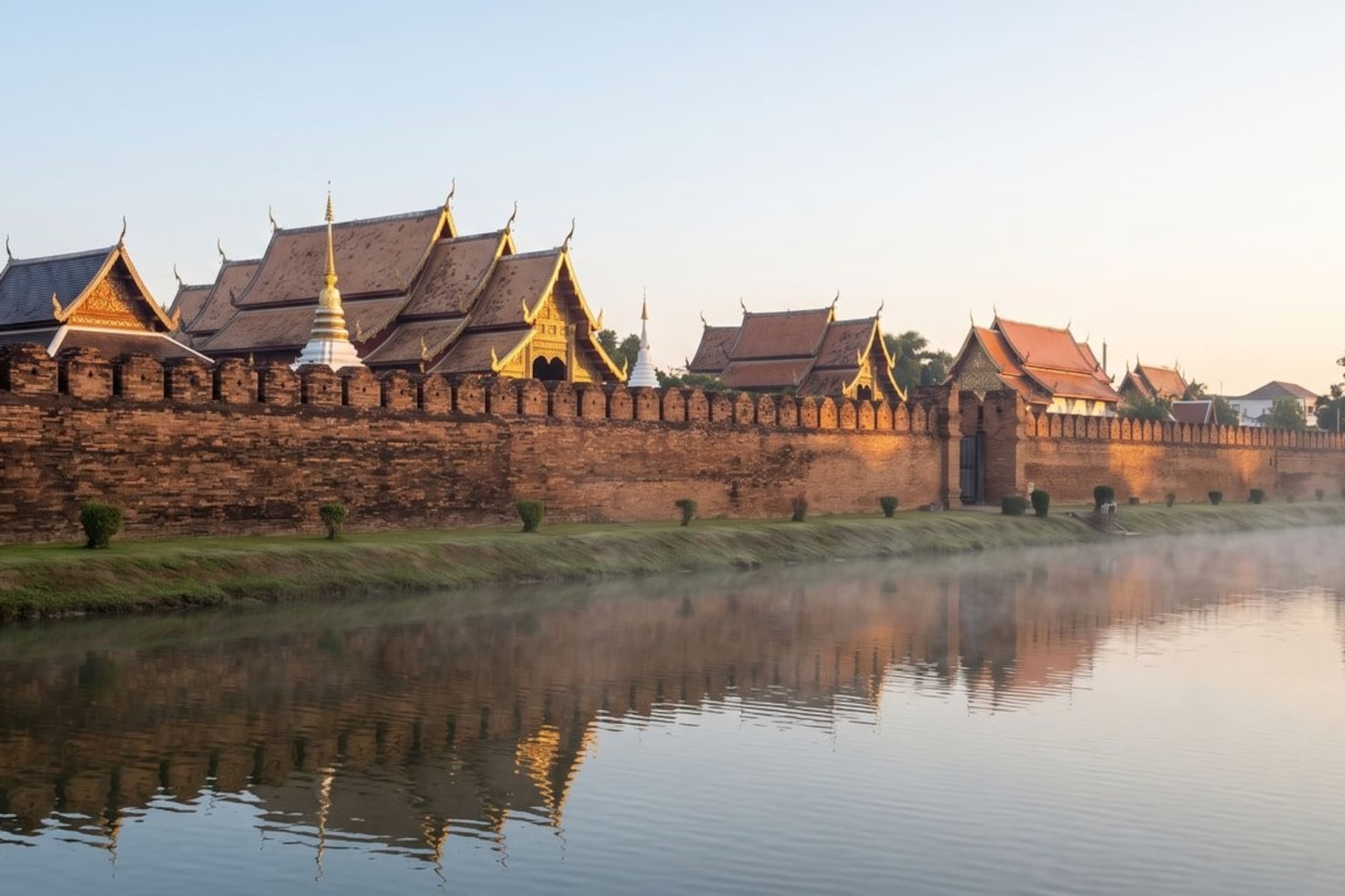 Ancient Thai temple and brick wall reflected in a misty moat at sunrise.