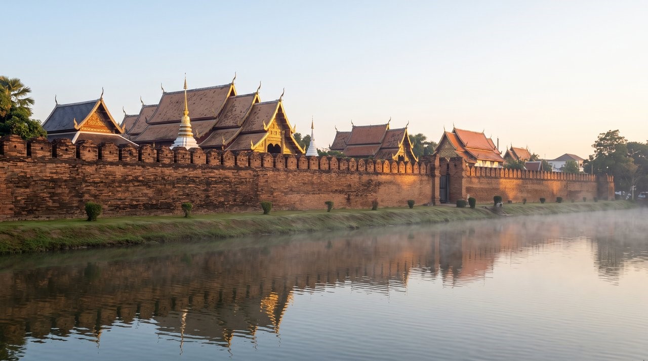 Ancient Thai temple and brick wall reflected in a misty moat at sunrise.