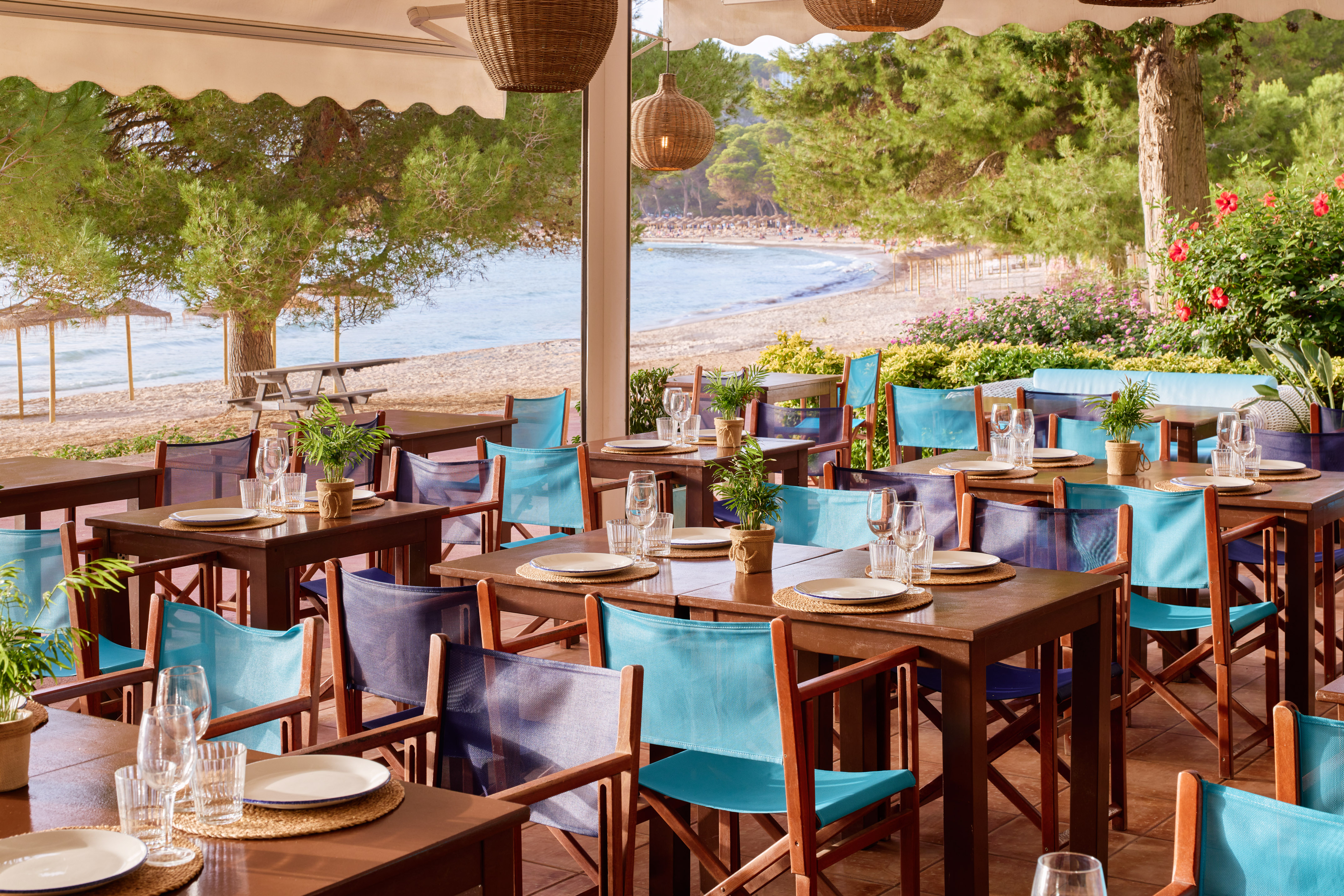 Al fresco dining with blue chairs, wooden tables, sandy beach, and sea view.