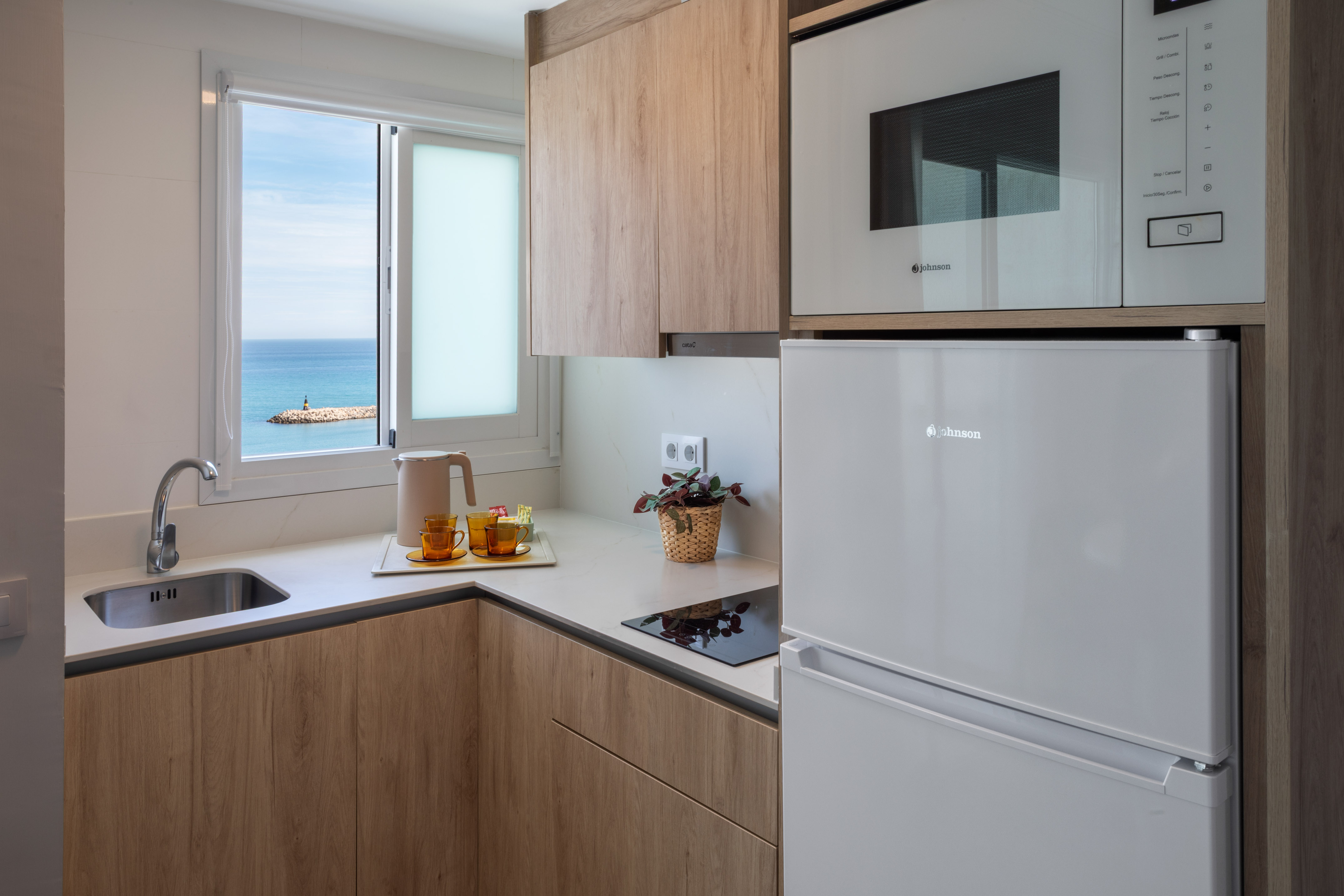 Compact modern kitchen with ocean view, wooden cabinets, built-in appliances.