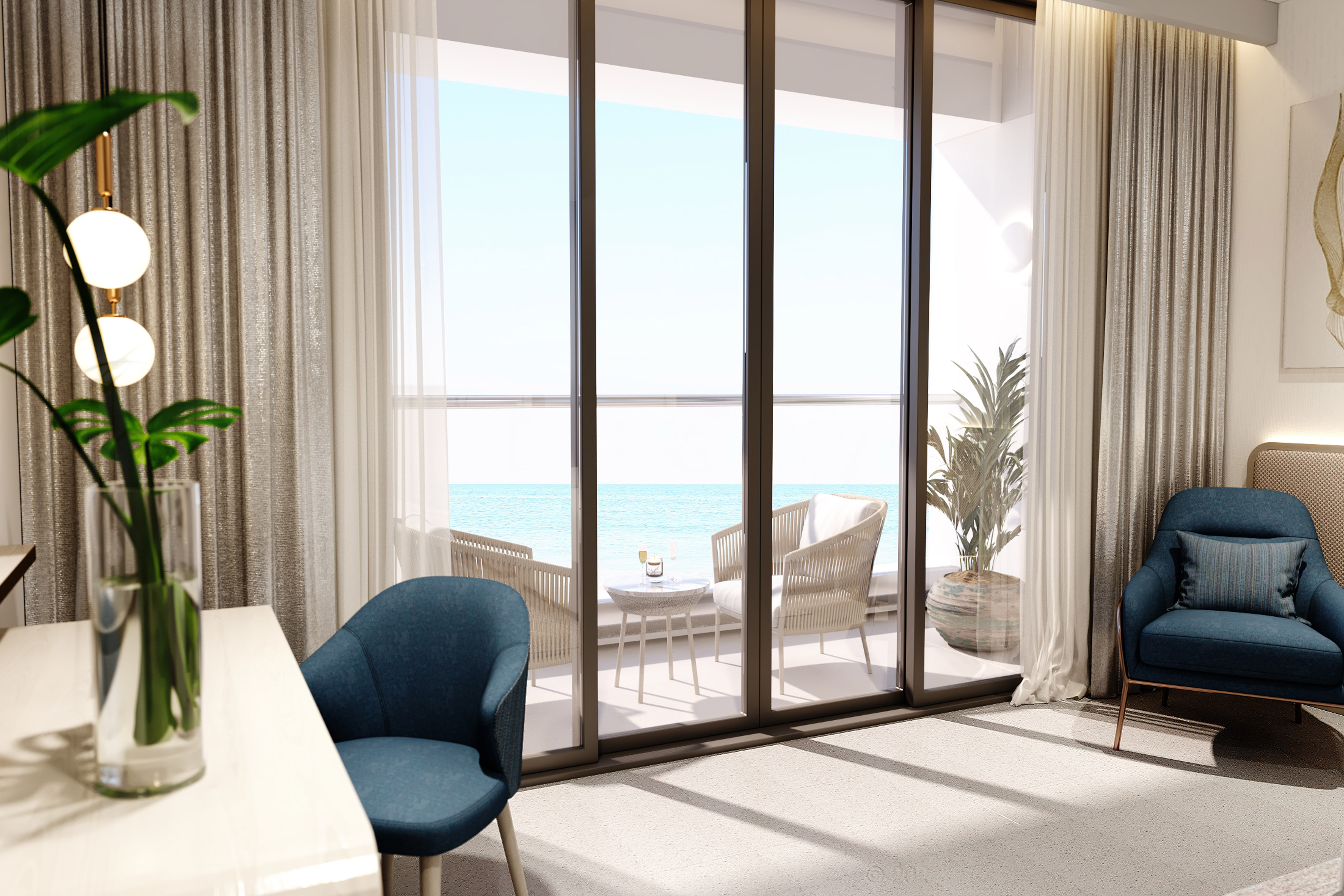 a room with a table and chairs and a table with chairs and a table with a view of the ocean