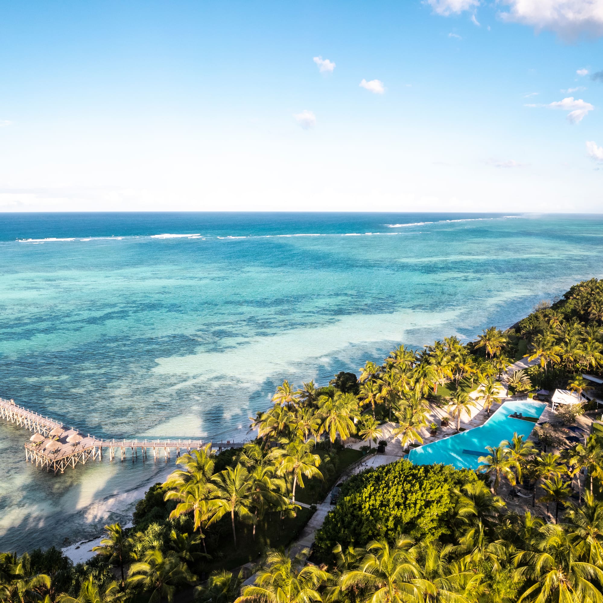 a pool and palm trees next to a body of water
