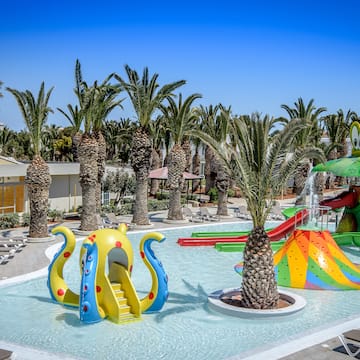 a water park with a slide and trees