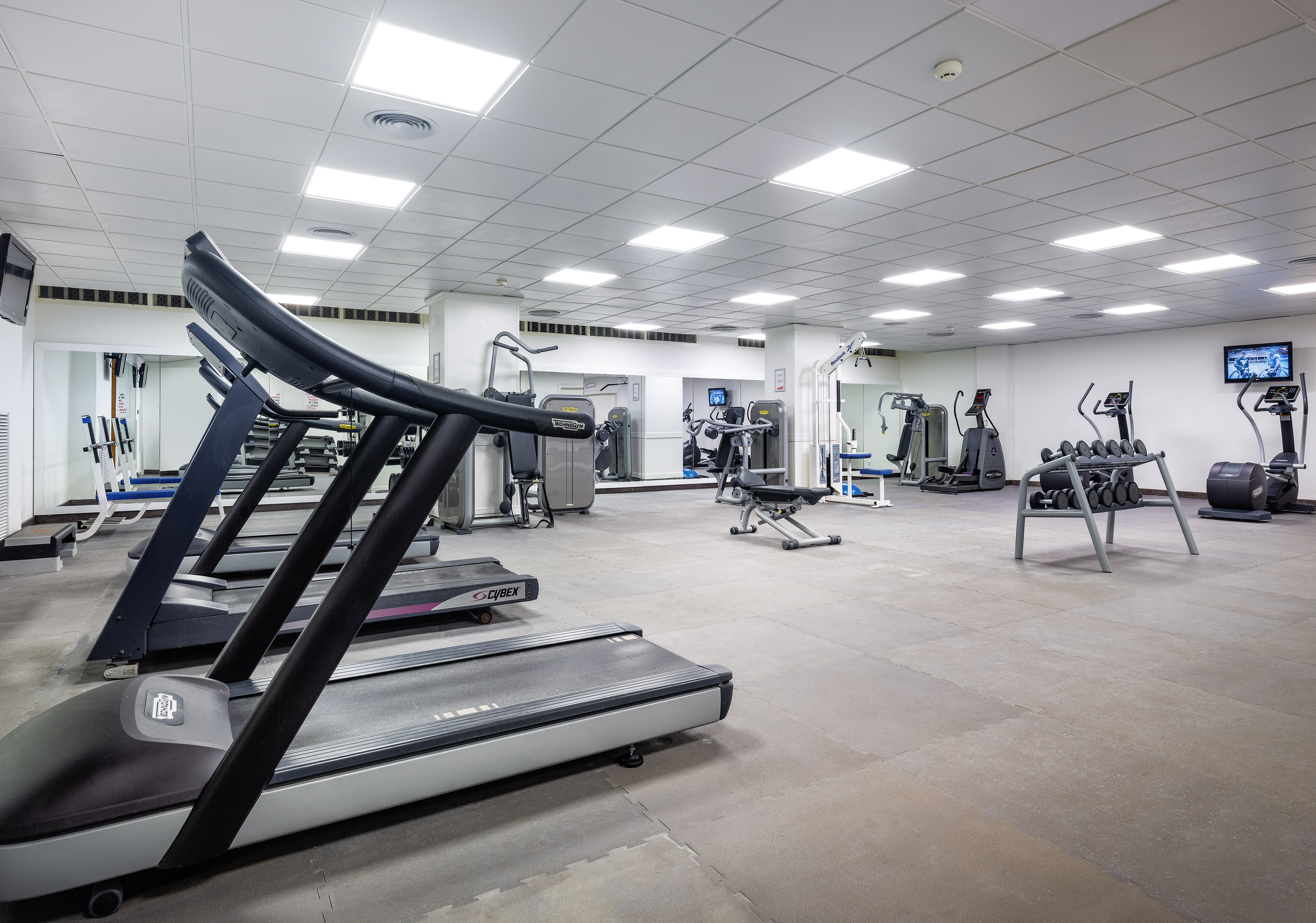 Well-lit gym with multiple treadmills, strength training machines, and dumbbells.