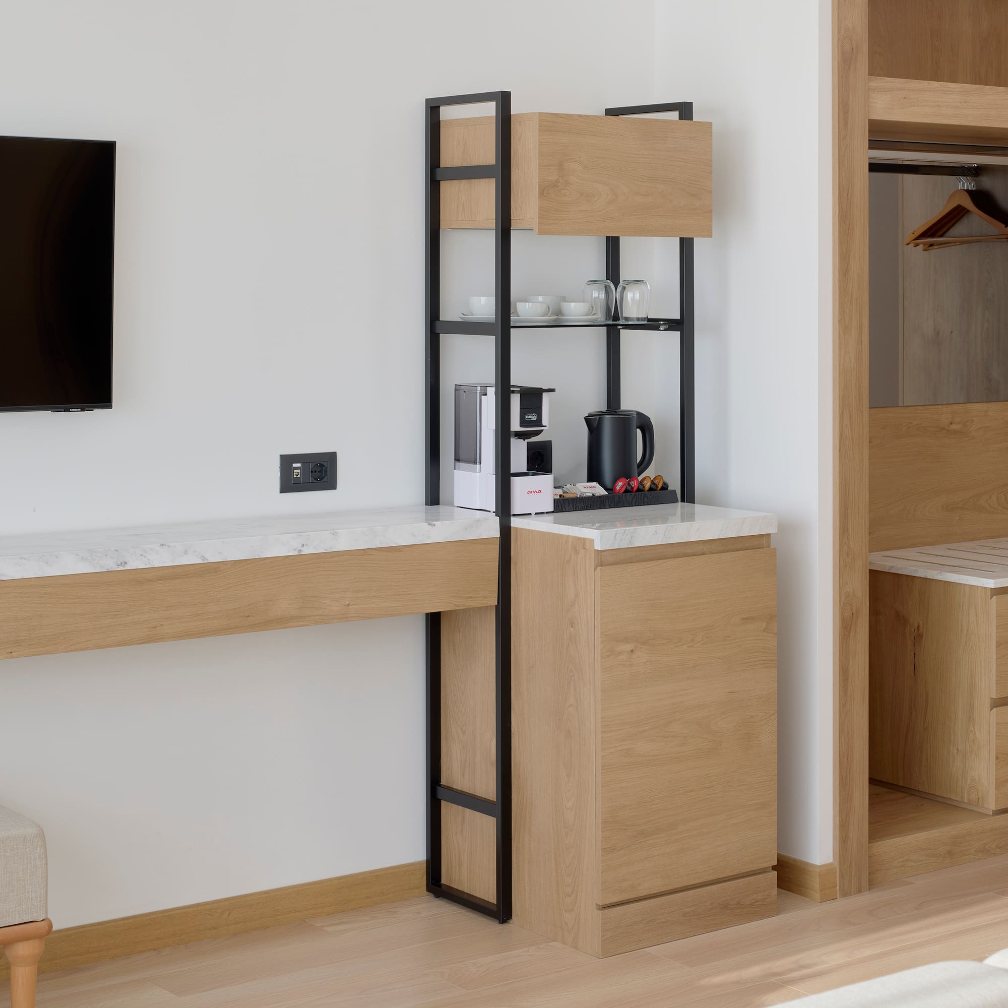 a room with a tv and a shelf