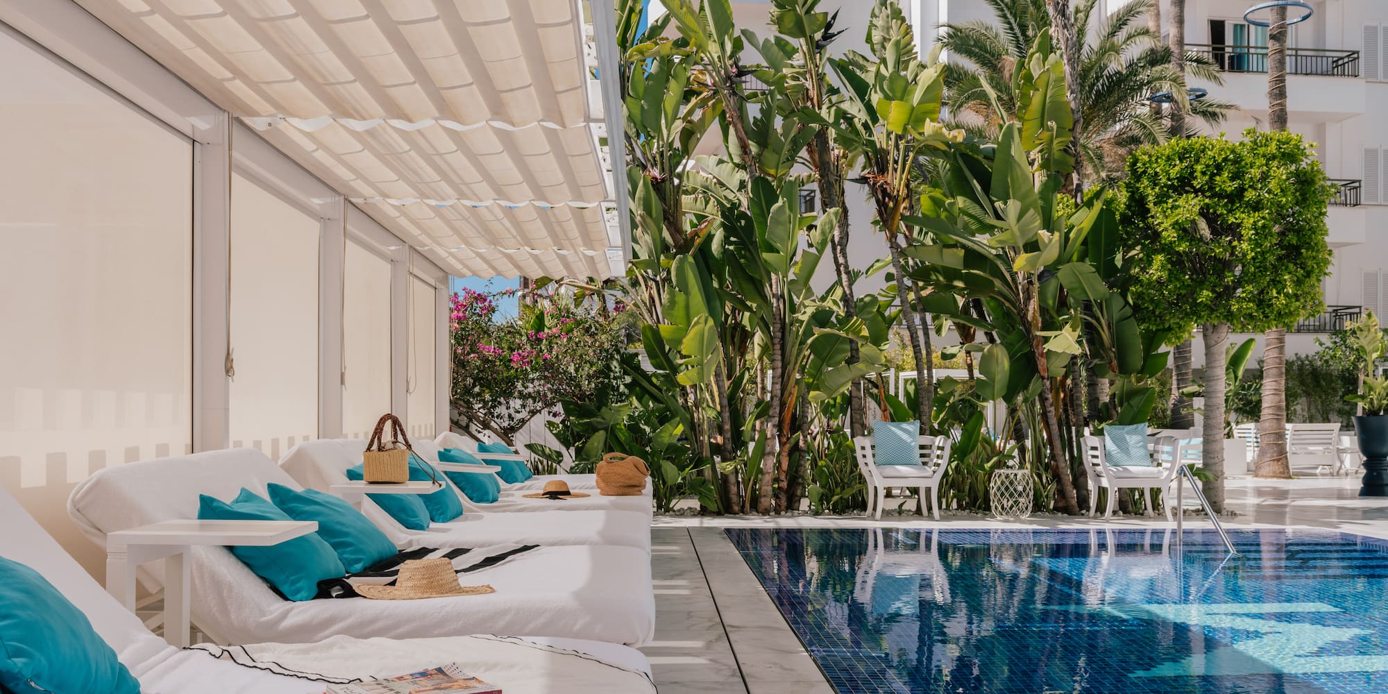 Sunny hotel pool with white sunbeds, blue pillows, and lush tropical plants.