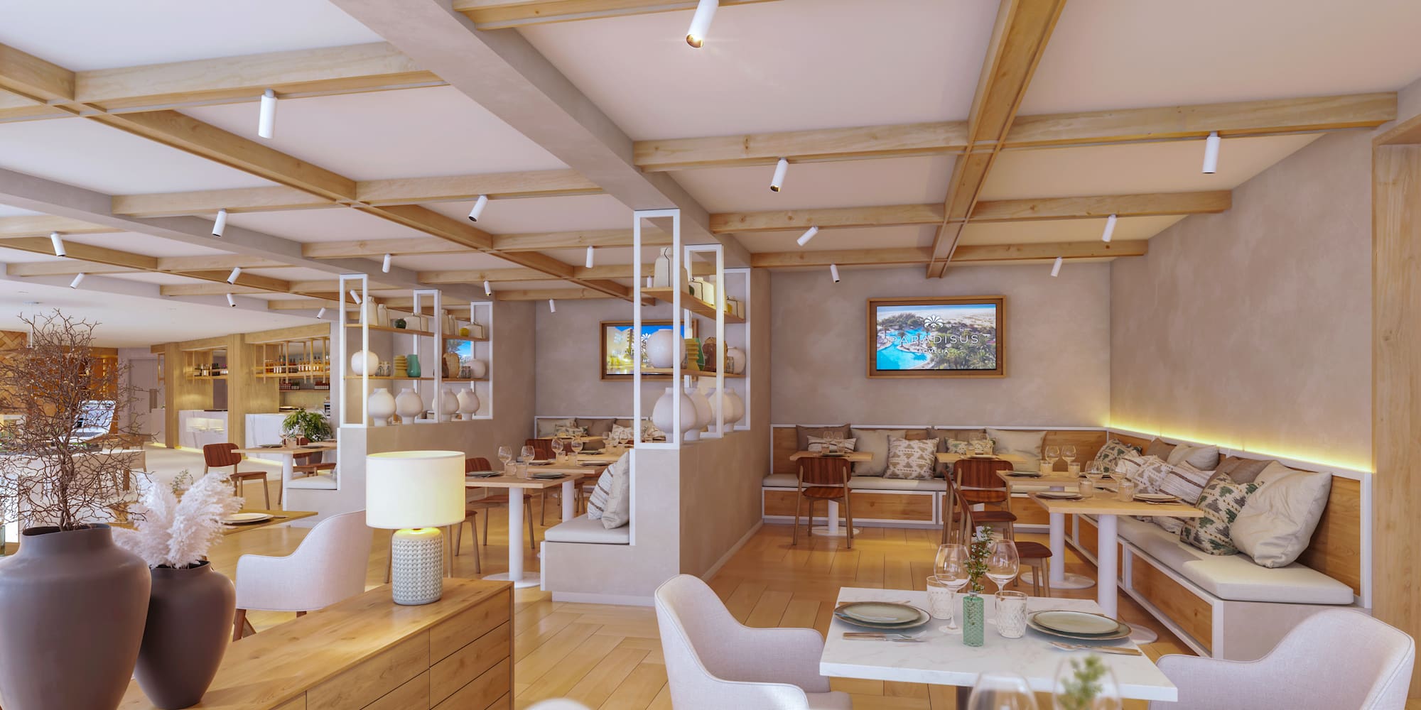 a room with tables and chairs